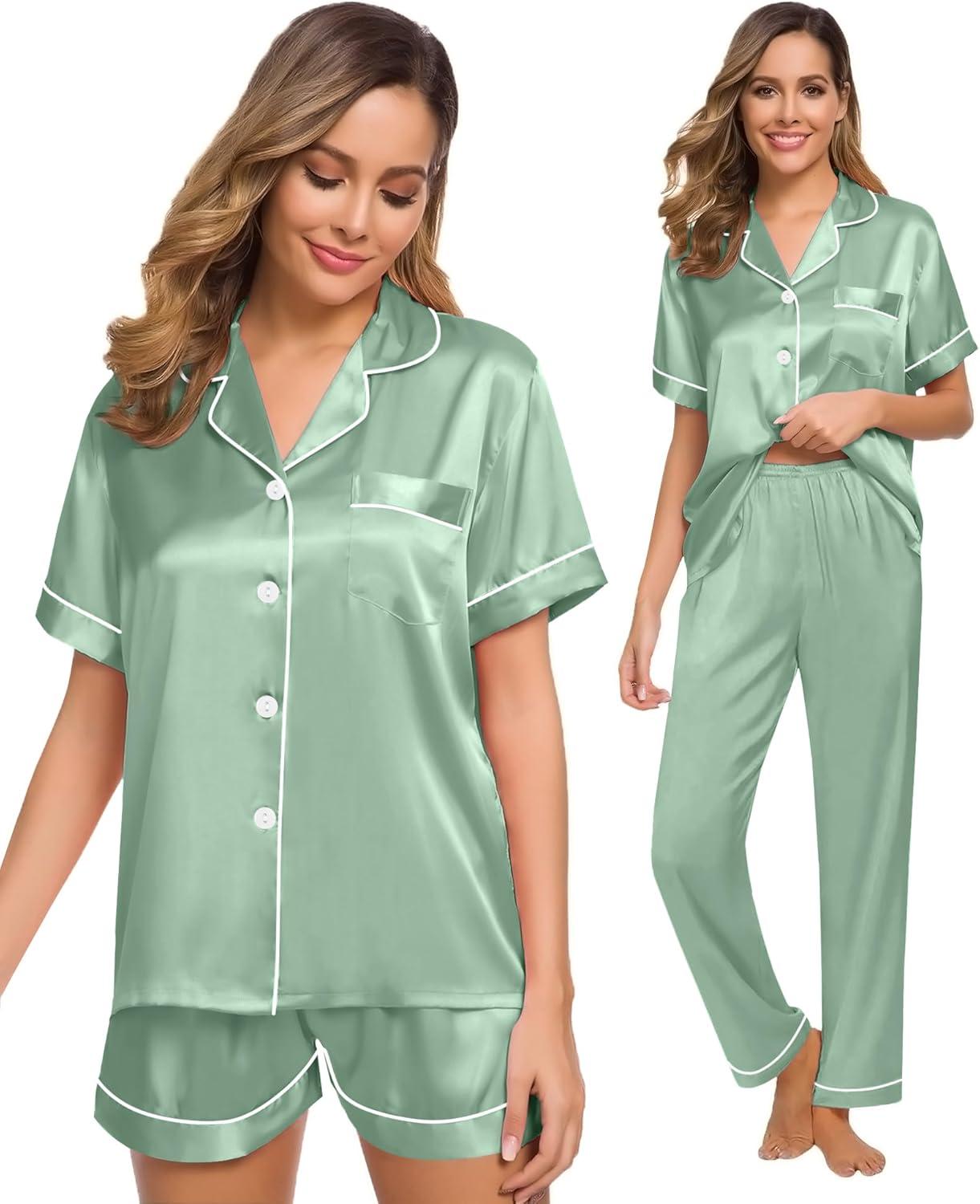 imageSWOMOG Womens Silk Satin Pajama Sets 3Pcs Button Down Pj Set Short Sleeve Sleepwear Loungewear Pjs Nightwear XSXXLAvocado Green