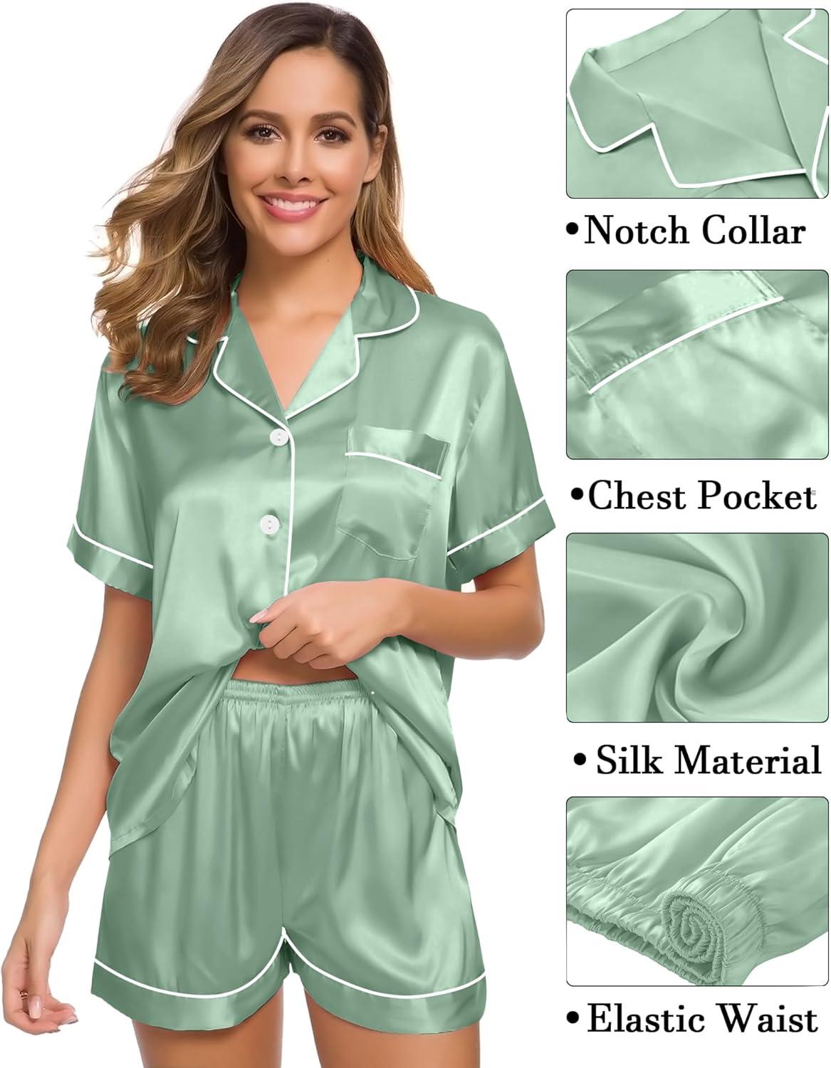 imageSWOMOG Womens Silk Satin Pajama Sets 3Pcs Button Down Pj Set Short Sleeve Sleepwear Loungewear Pjs Nightwear XSXXLAvocado Green