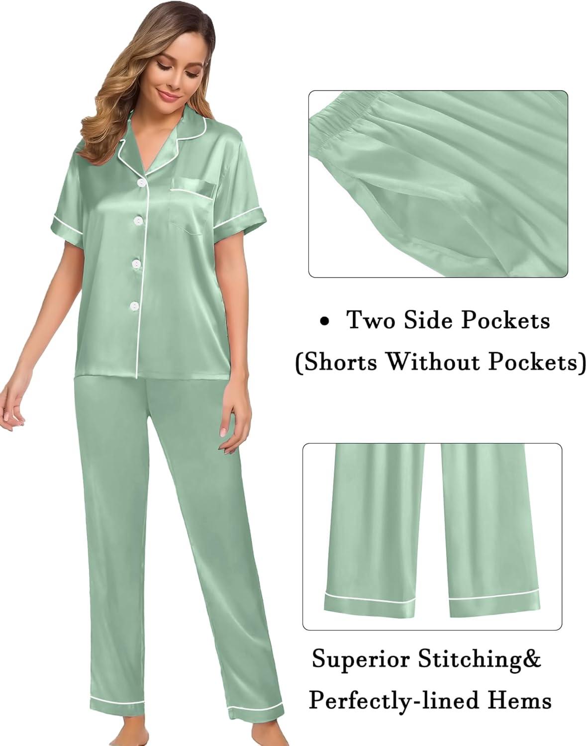 imageSWOMOG Womens Silk Satin Pajama Sets 3Pcs Button Down Pj Set Short Sleeve Sleepwear Loungewear Pjs Nightwear XSXXLAvocado Green