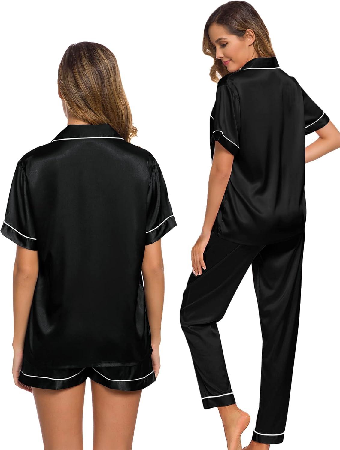 imageSWOMOG Womens Silk Satin Pajama Sets 3Pcs Button Down Pj Set Short Sleeve Sleepwear Loungewear Pjs Nightwear XSXXLBlack