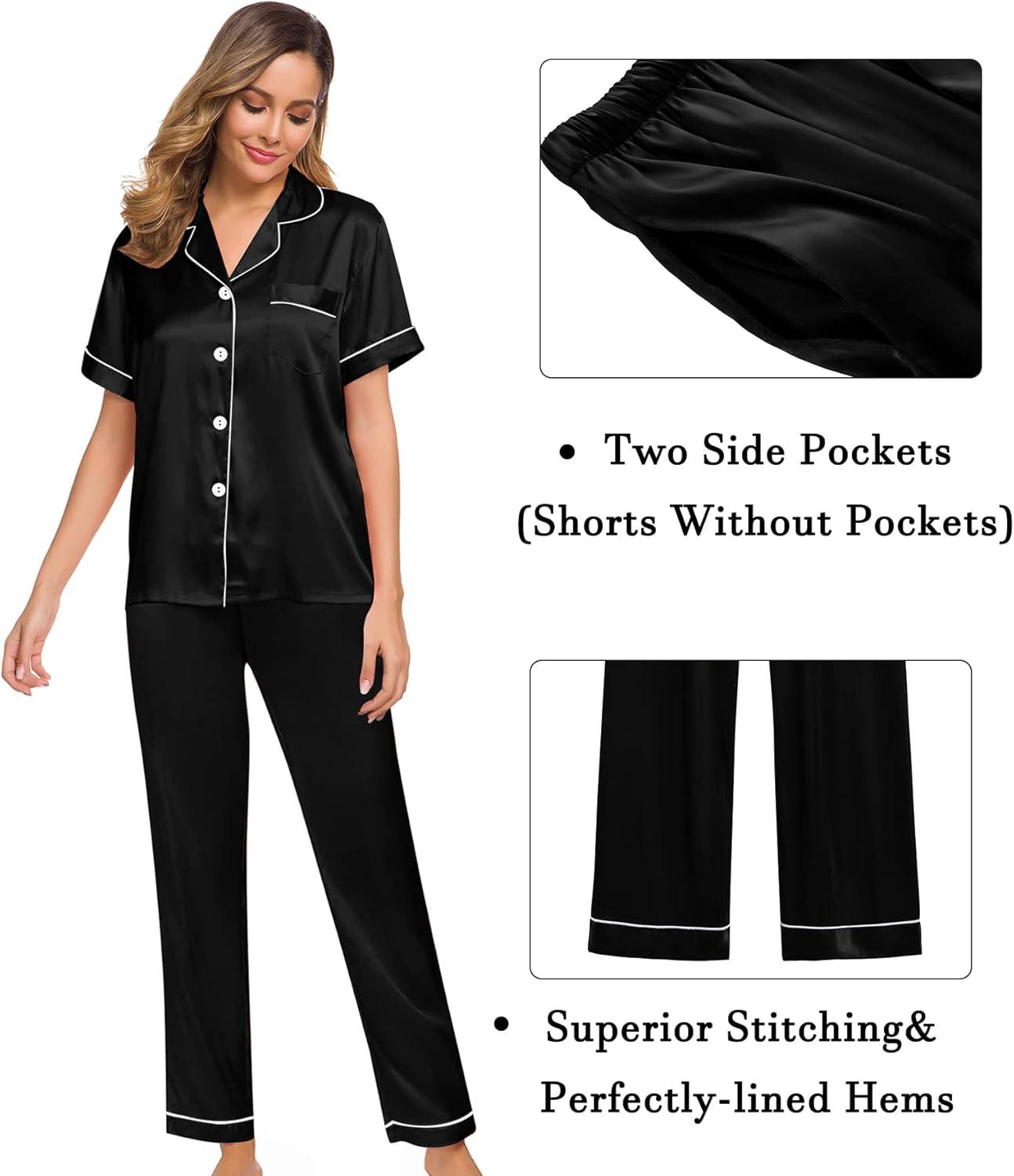 imageSWOMOG Womens Silk Satin Pajama Sets 3Pcs Button Down Pj Set Short Sleeve Sleepwear Loungewear Pjs Nightwear XSXXLBlack