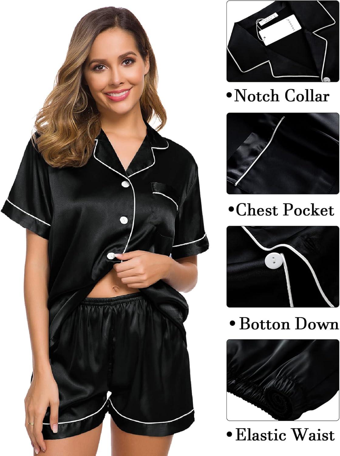 imageSWOMOG Womens Silk Satin Pajama Sets 3Pcs Button Down Pj Set Short Sleeve Sleepwear Loungewear Pjs Nightwear XSXXLBlack