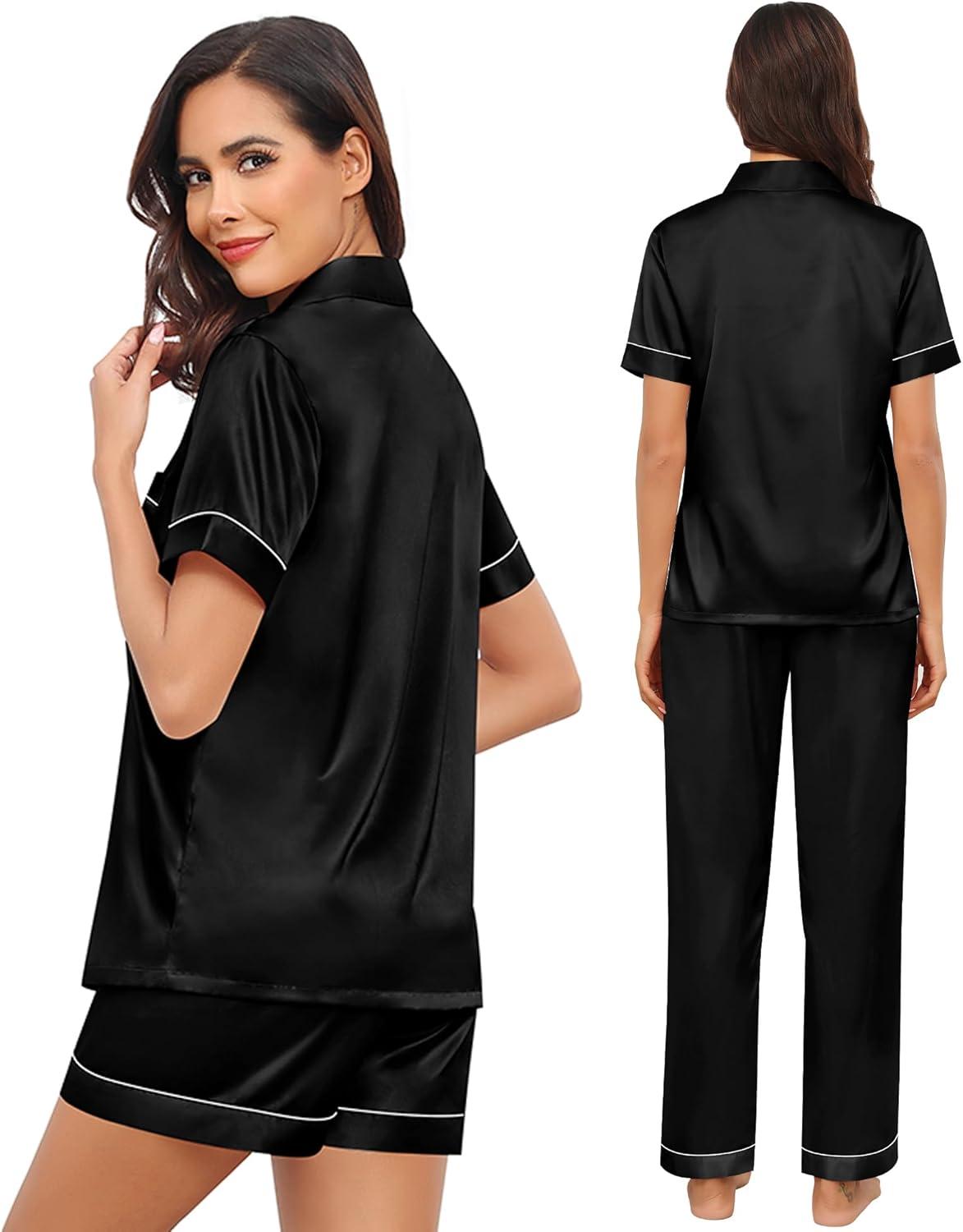 imageSWOMOG Womens Silk Satin Pajama Sets 3Pcs Button Down Pj Set Short Sleeve Sleepwear Loungewear Pjs Nightwear XSXXLBlack With Eye Mask