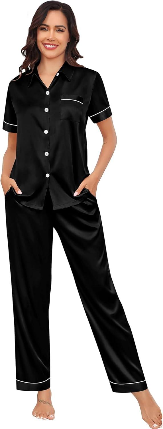 imageSWOMOG Womens Silk Satin Pajama Sets 3Pcs Button Down Pj Set Short Sleeve Sleepwear Loungewear Pjs Nightwear XSXXLBlack With Eye Mask