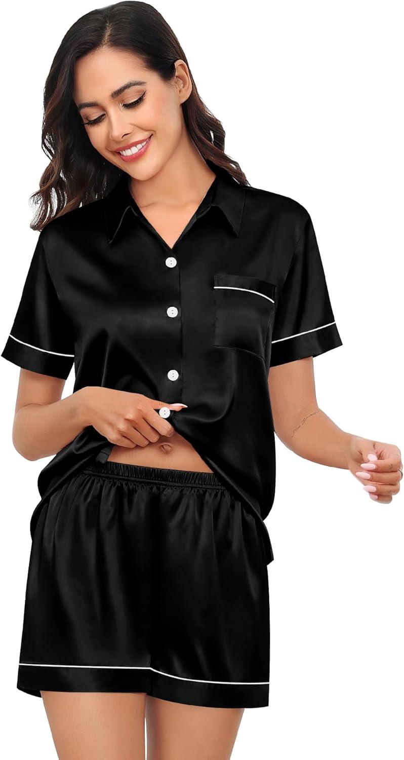 imageSWOMOG Womens Silk Satin Pajama Sets 3Pcs Button Down Pj Set Short Sleeve Sleepwear Loungewear Pjs Nightwear XSXXLBlack With Eye Mask