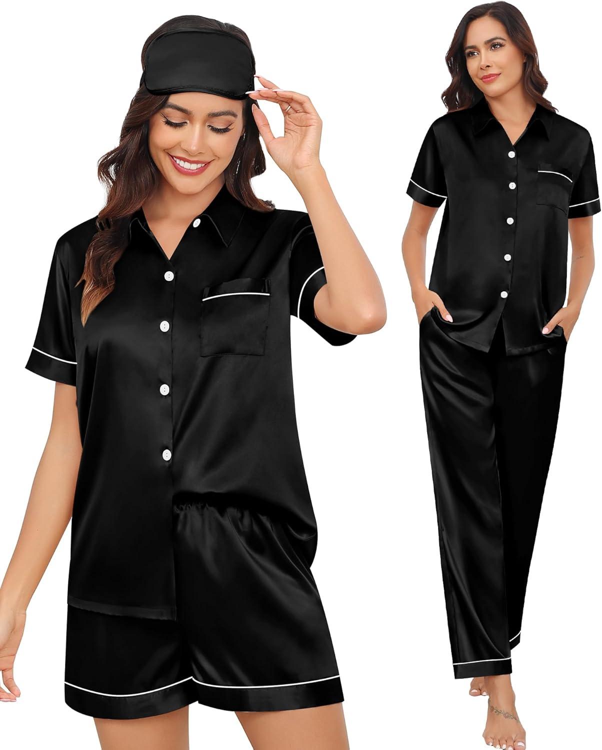 imageSWOMOG Womens Silk Satin Pajama Sets 3Pcs Button Down Pj Set Short Sleeve Sleepwear Loungewear Pjs Nightwear XSXXLBlack With Eye Mask
