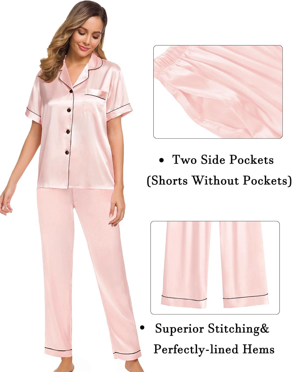 imageSWOMOG Womens Silk Satin Pajama Sets 3Pcs Button Down Pj Set Short Sleeve Sleepwear Loungewear Pjs Nightwear XSXXLBlush Pink