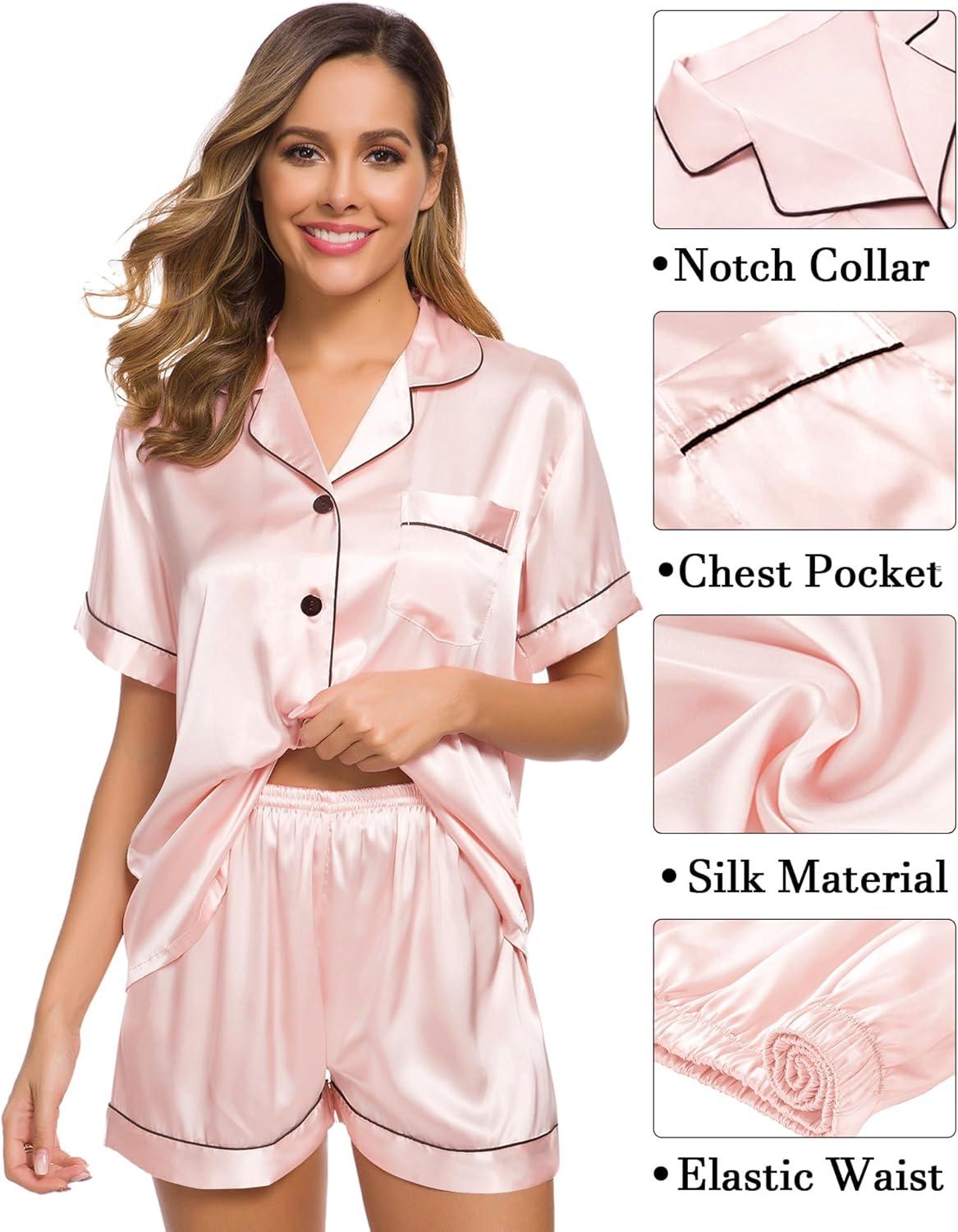 imageSWOMOG Womens Silk Satin Pajama Sets 3Pcs Button Down Pj Set Short Sleeve Sleepwear Loungewear Pjs Nightwear XSXXLBlush Pink