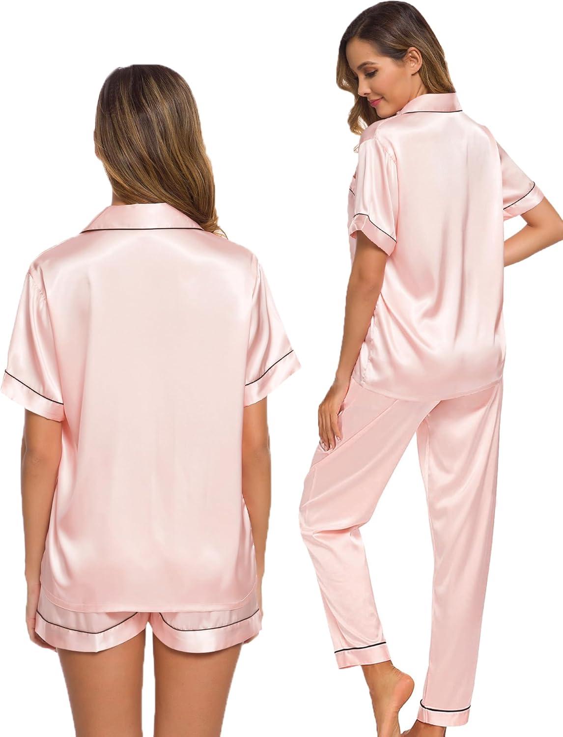 imageSWOMOG Womens Silk Satin Pajama Sets 3Pcs Button Down Pj Set Short Sleeve Sleepwear Loungewear Pjs Nightwear XSXXLBlush Pink