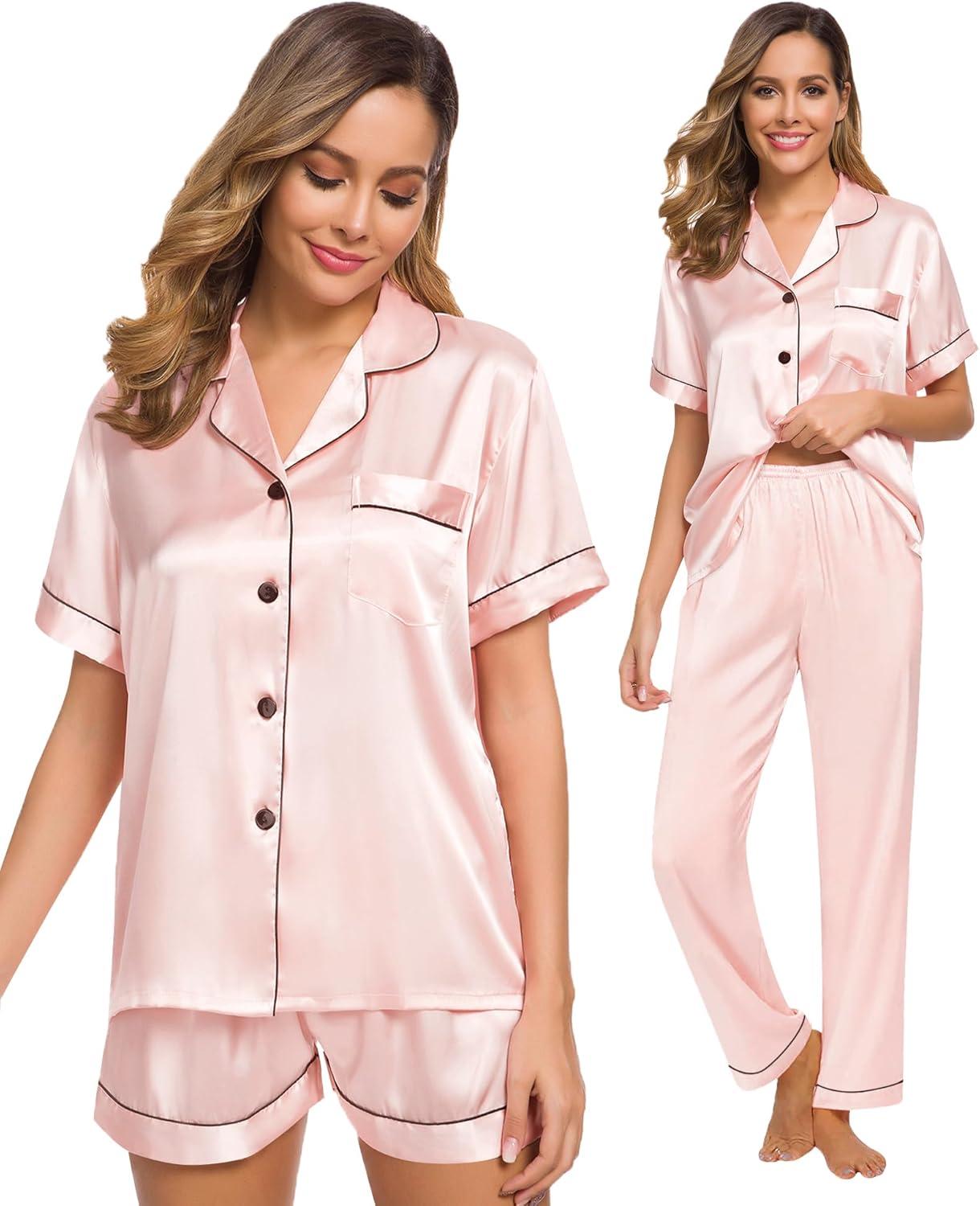 imageSWOMOG Womens Silk Satin Pajama Sets 3Pcs Button Down Pj Set Short Sleeve Sleepwear Loungewear Pjs Nightwear XSXXLBlush Pink
