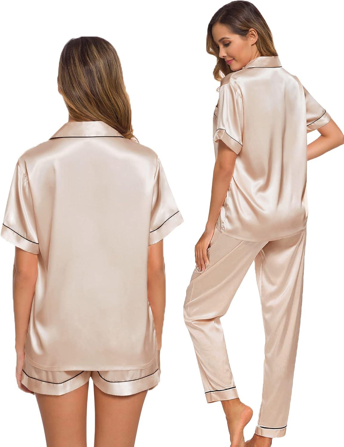 imageSWOMOG Womens Silk Satin Pajama Sets 3Pcs Button Down Pj Set Short Sleeve Sleepwear Loungewear Pjs Nightwear XSXXLChampagne
