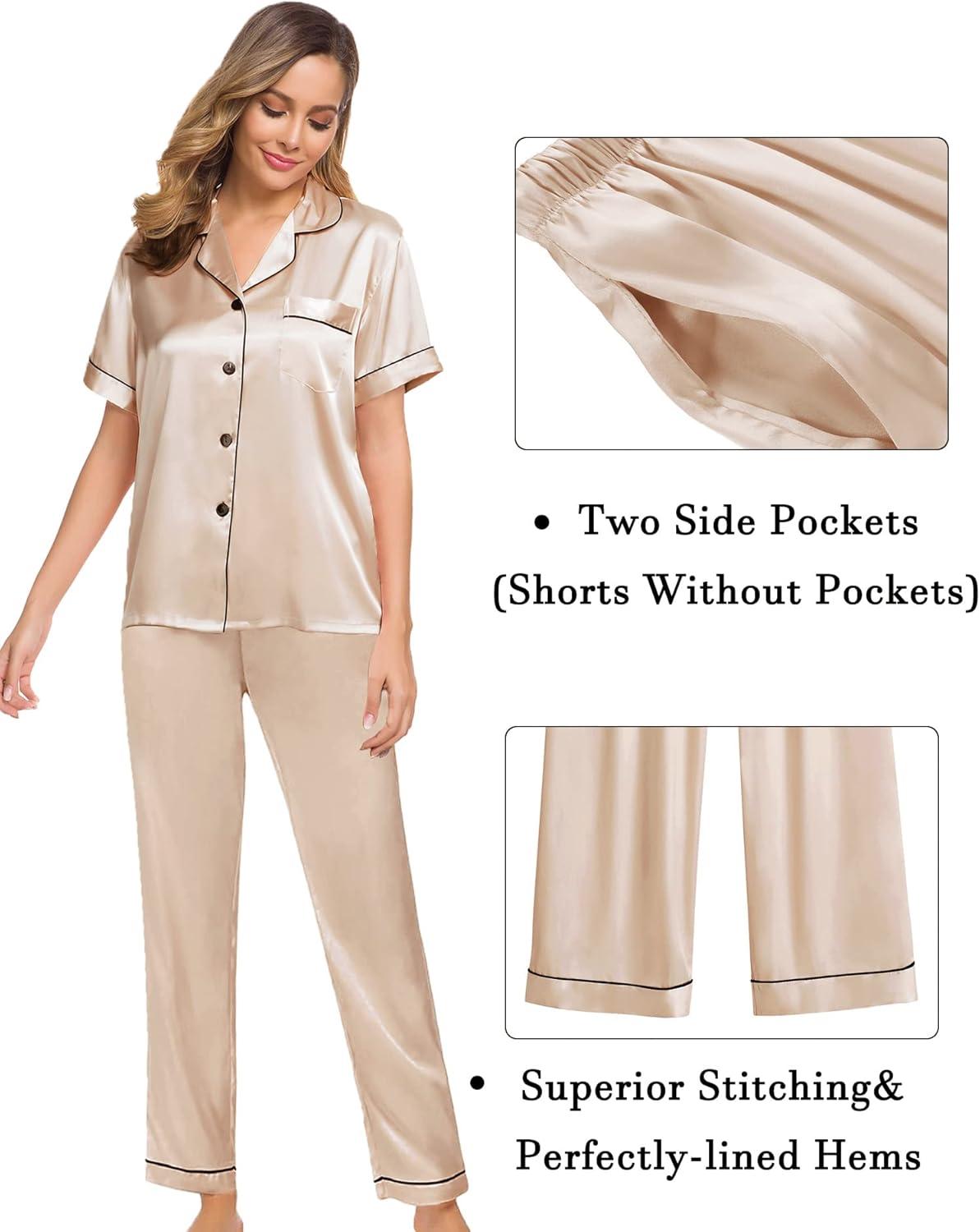 imageSWOMOG Womens Silk Satin Pajama Sets 3Pcs Button Down Pj Set Short Sleeve Sleepwear Loungewear Pjs Nightwear XSXXLChampagne