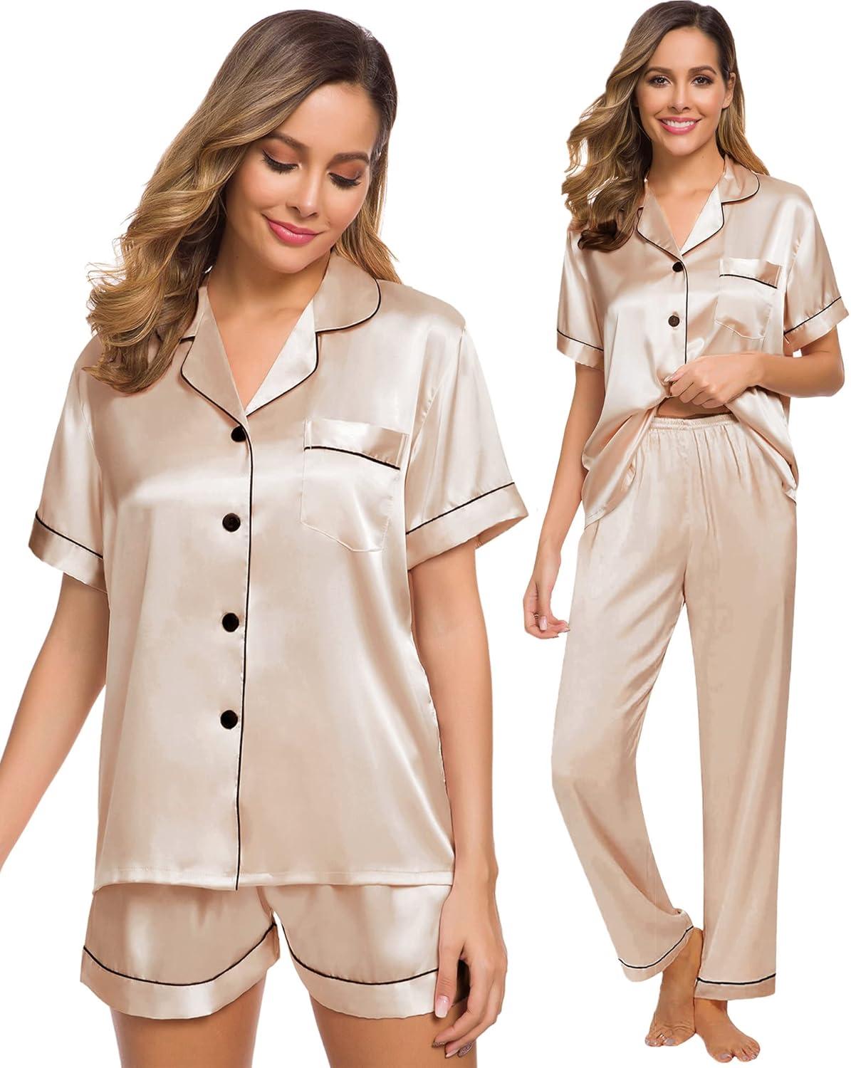imageSWOMOG Womens Silk Satin Pajama Sets 3Pcs Button Down Pj Set Short Sleeve Sleepwear Loungewear Pjs Nightwear XSXXLChampagne