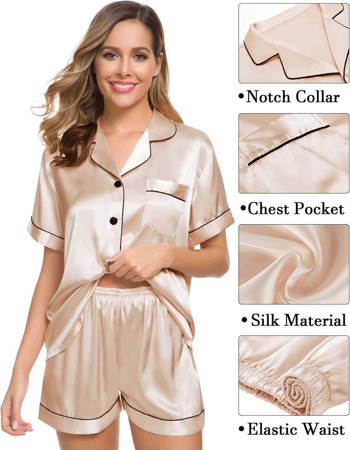 imageSWOMOG Womens Silk Satin Pajama Sets 3Pcs Button Down Pj Set Short Sleeve Sleepwear Loungewear Pjs Nightwear XSXXLChampagne