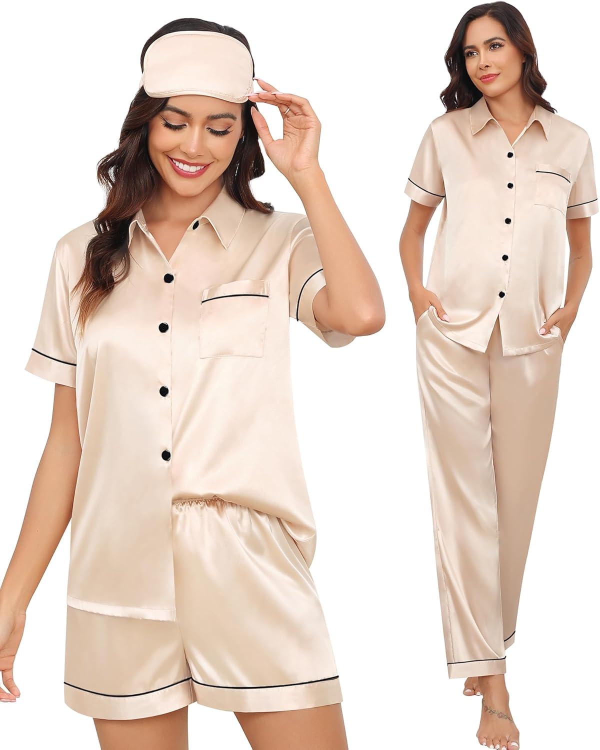 imageSWOMOG Womens Silk Satin Pajama Sets 3Pcs Button Down Pj Set Short Sleeve Sleepwear Loungewear Pjs Nightwear XSXXLChampagne With Eye Mask