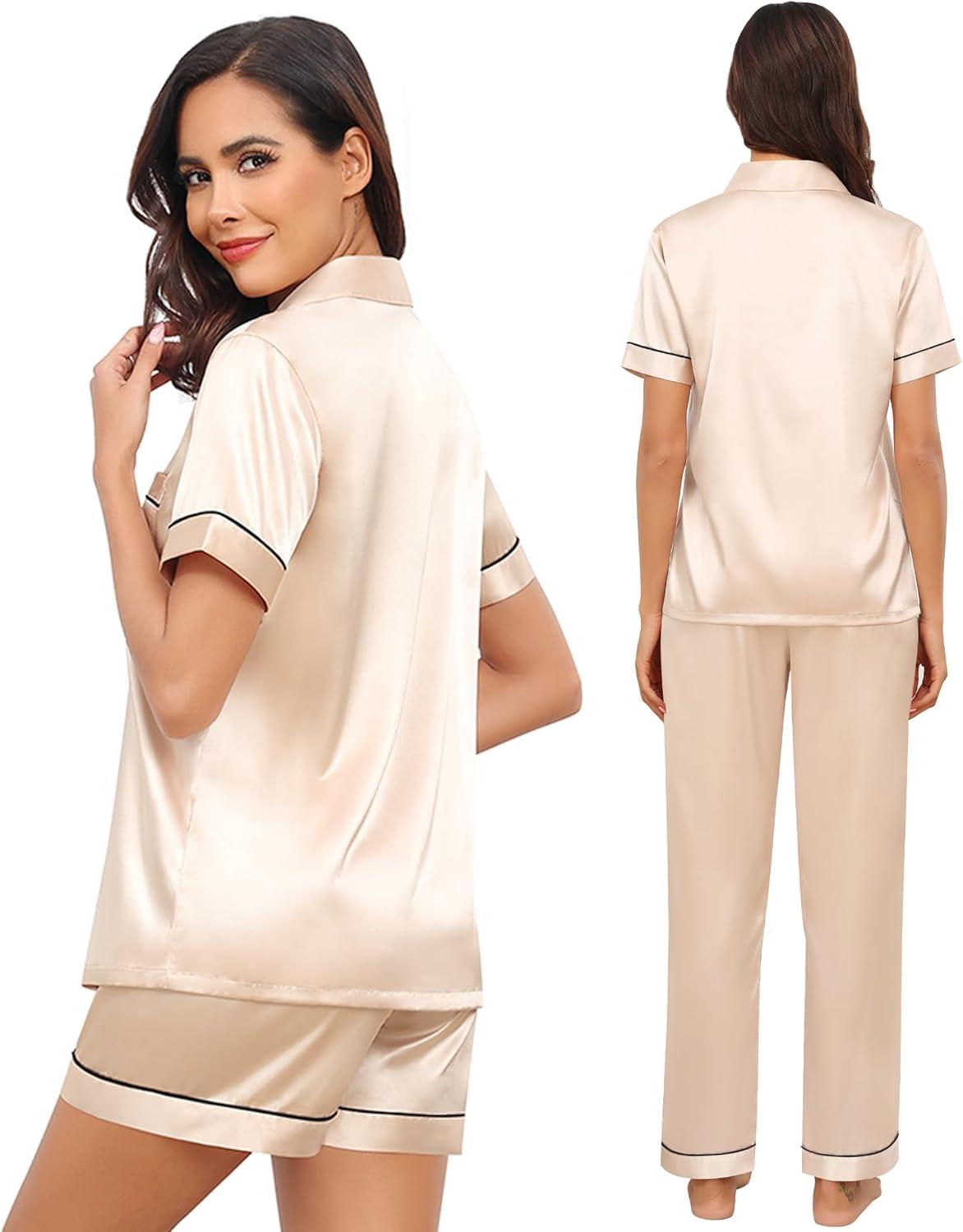 imageSWOMOG Womens Silk Satin Pajama Sets 3Pcs Button Down Pj Set Short Sleeve Sleepwear Loungewear Pjs Nightwear XSXXLChampagne With Eye Mask