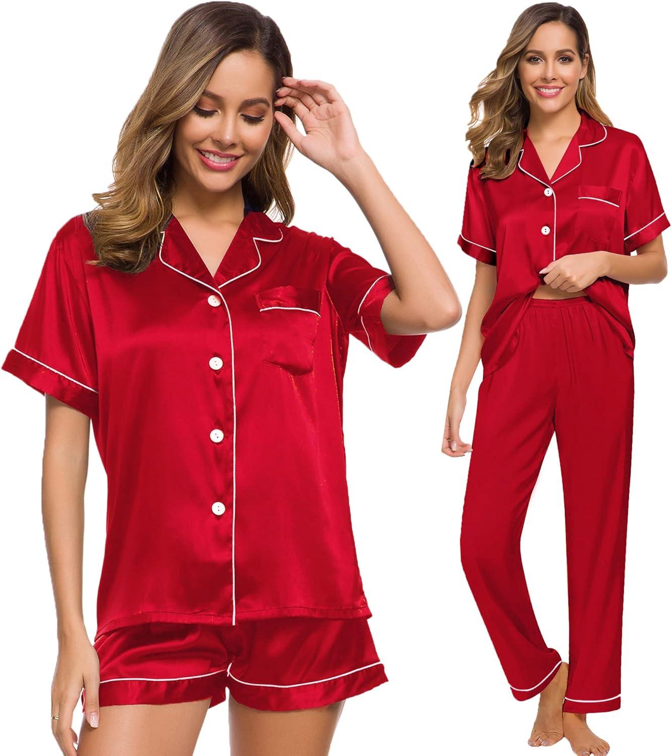 imageSWOMOG Womens Silk Satin Pajama Sets 3Pcs Button Down Pj Set Short Sleeve Sleepwear Loungewear Pjs Nightwear XSXXLChristmas Red