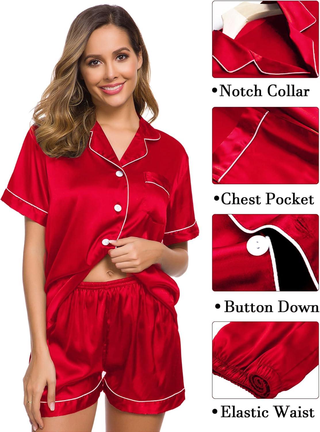 imageSWOMOG Womens Silk Satin Pajama Sets 3Pcs Button Down Pj Set Short Sleeve Sleepwear Loungewear Pjs Nightwear XSXXLChristmas Red