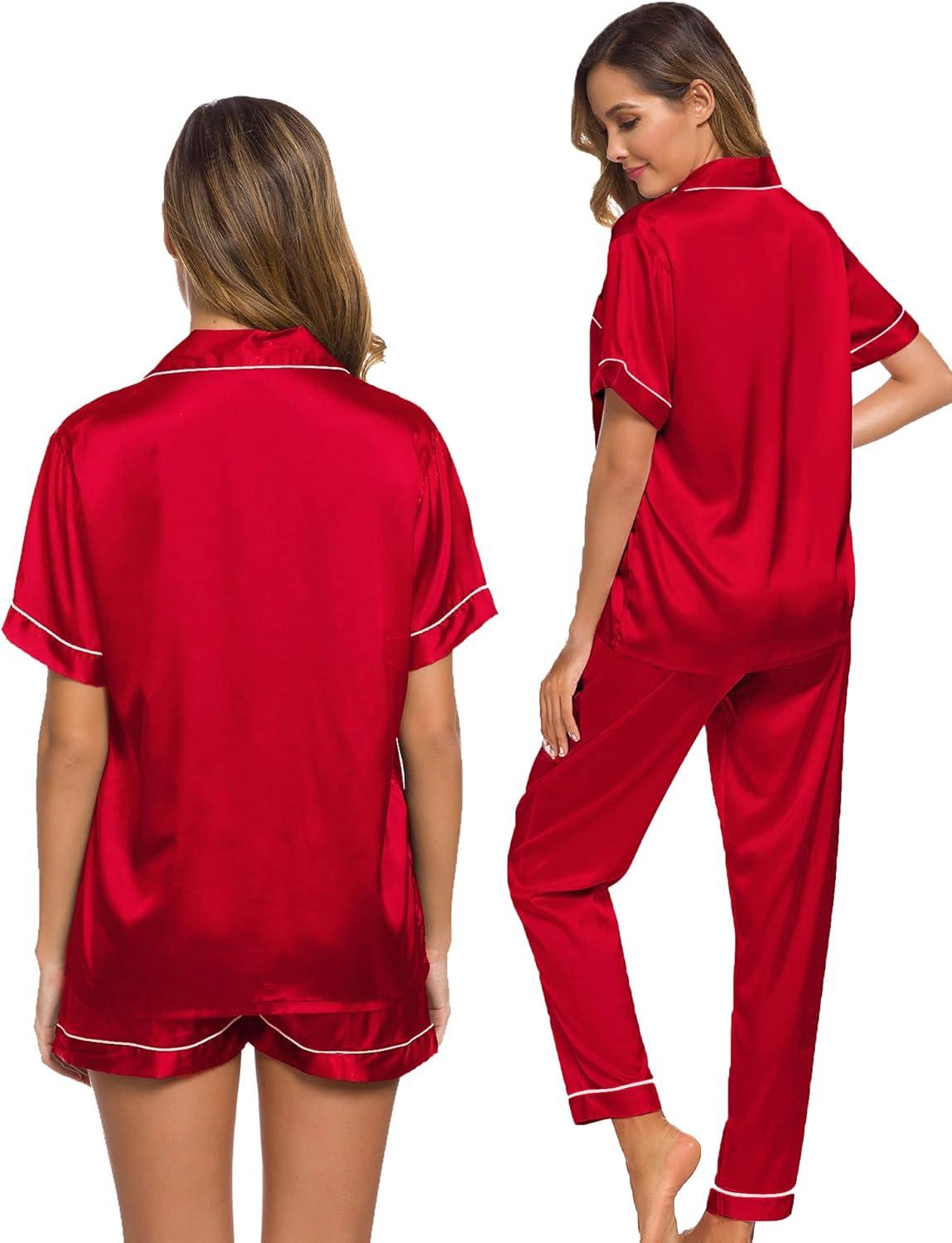 imageSWOMOG Womens Silk Satin Pajama Sets 3Pcs Button Down Pj Set Short Sleeve Sleepwear Loungewear Pjs Nightwear XSXXLChristmas Red