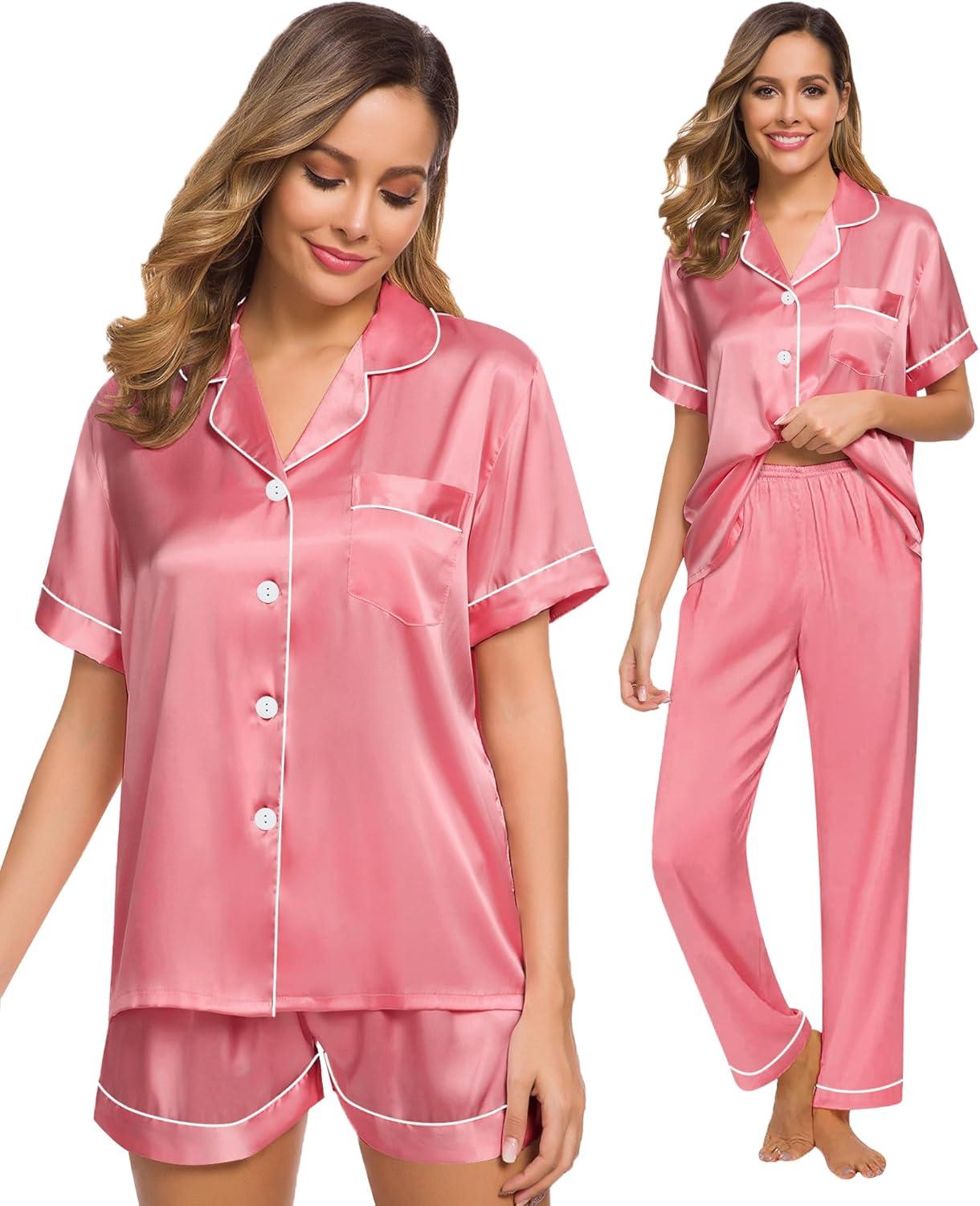 imageSWOMOG Womens Silk Satin Pajama Sets 3Pcs Button Down Pj Set Short Sleeve Sleepwear Loungewear Pjs Nightwear XSXXLCoral Red