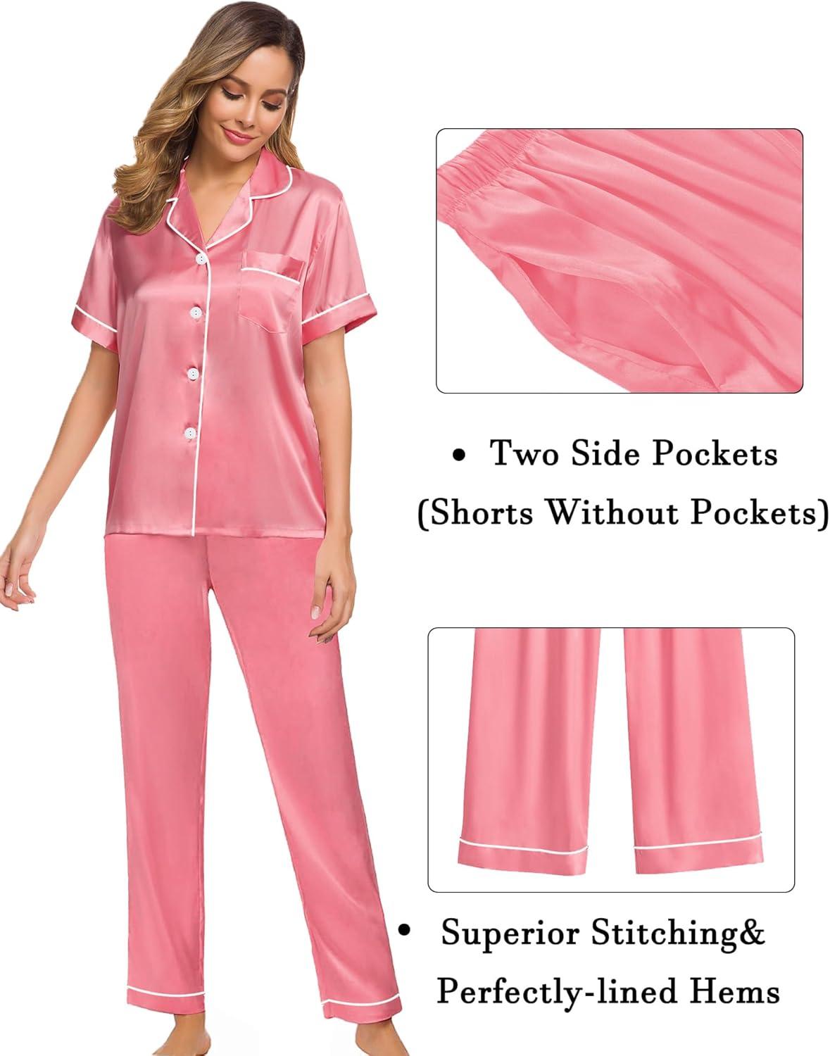 imageSWOMOG Womens Silk Satin Pajama Sets 3Pcs Button Down Pj Set Short Sleeve Sleepwear Loungewear Pjs Nightwear XSXXLCoral Red