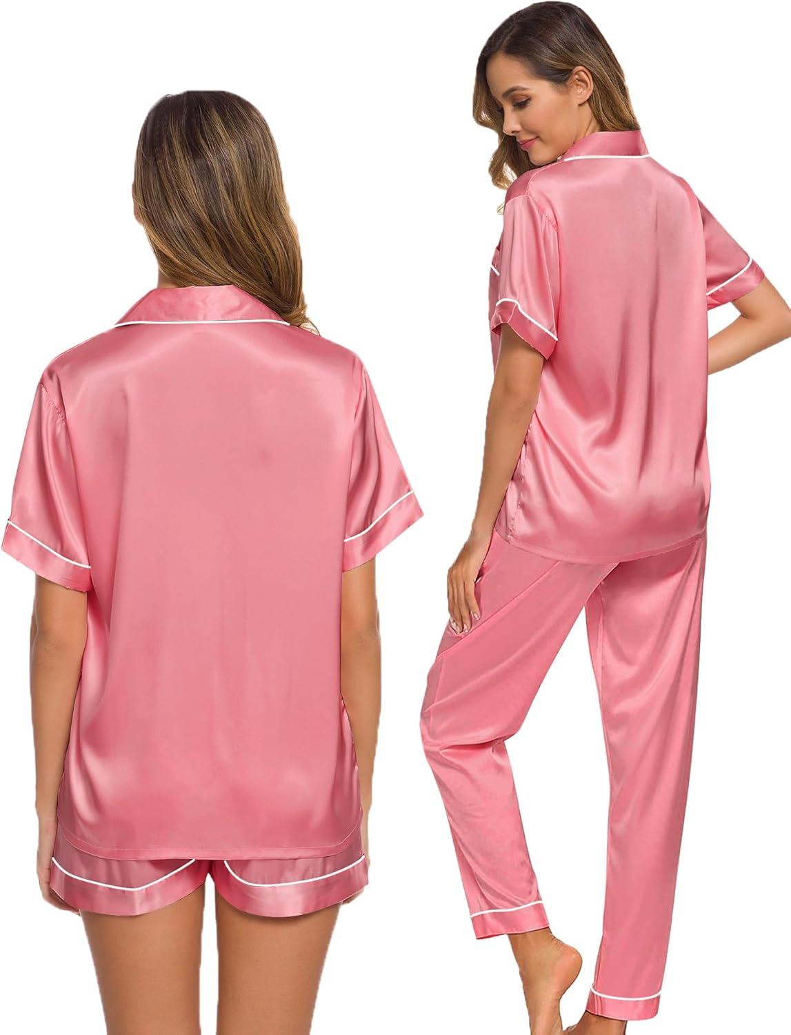 imageSWOMOG Womens Silk Satin Pajama Sets 3Pcs Button Down Pj Set Short Sleeve Sleepwear Loungewear Pjs Nightwear XSXXLCoral Red
