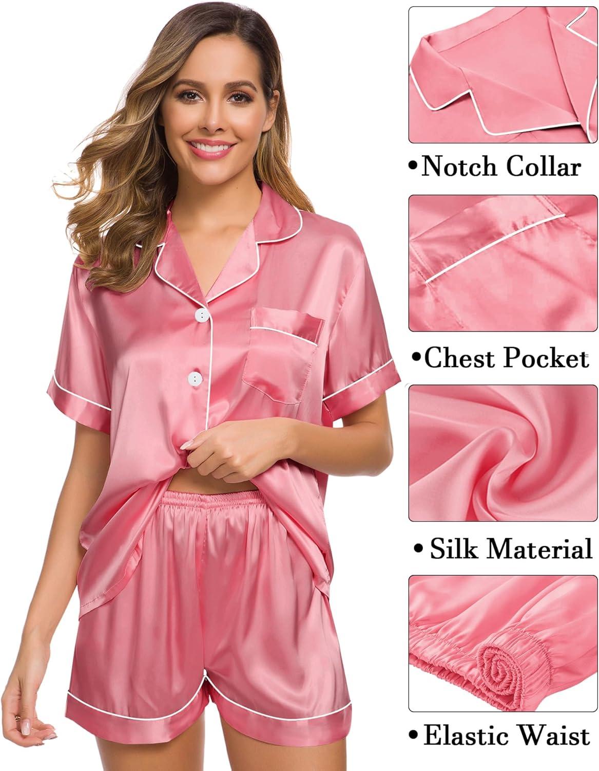 imageSWOMOG Womens Silk Satin Pajama Sets 3Pcs Button Down Pj Set Short Sleeve Sleepwear Loungewear Pjs Nightwear XSXXLCoral Red