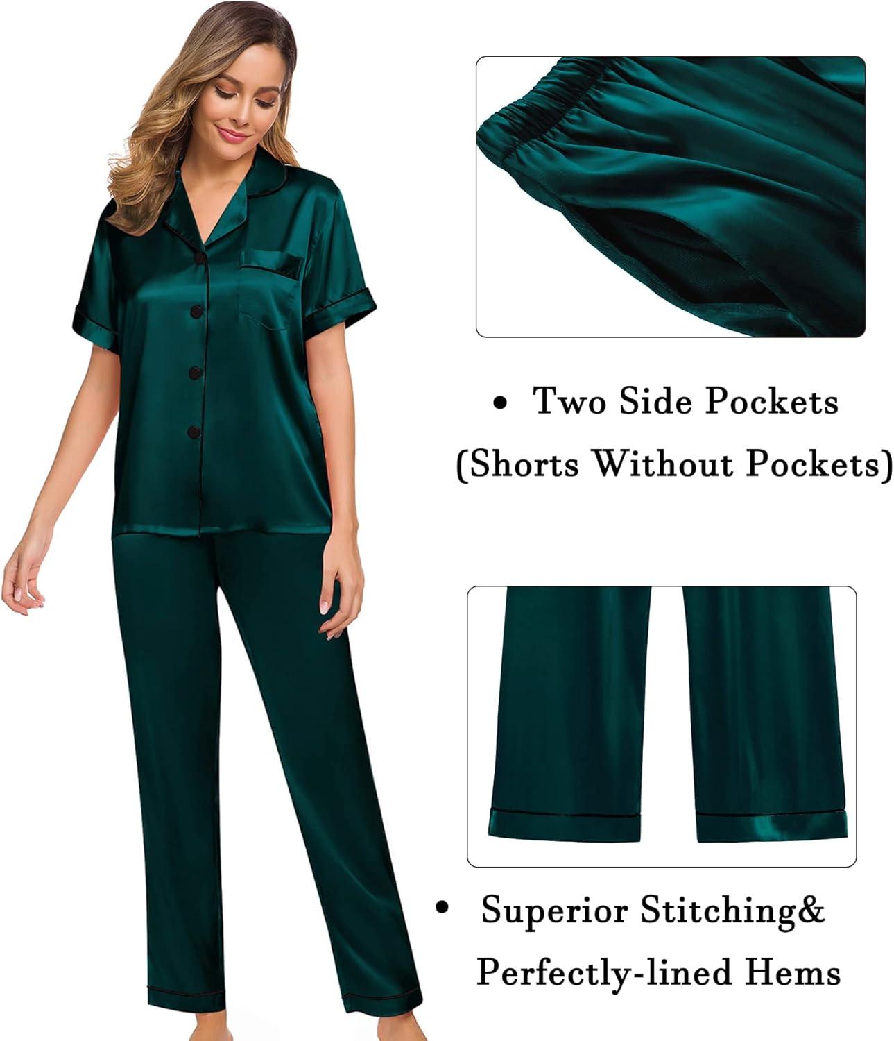 imageSWOMOG Womens Silk Satin Pajama Sets 3Pcs Button Down Pj Set Short Sleeve Sleepwear Loungewear Pjs Nightwear XSXXLDeep Green