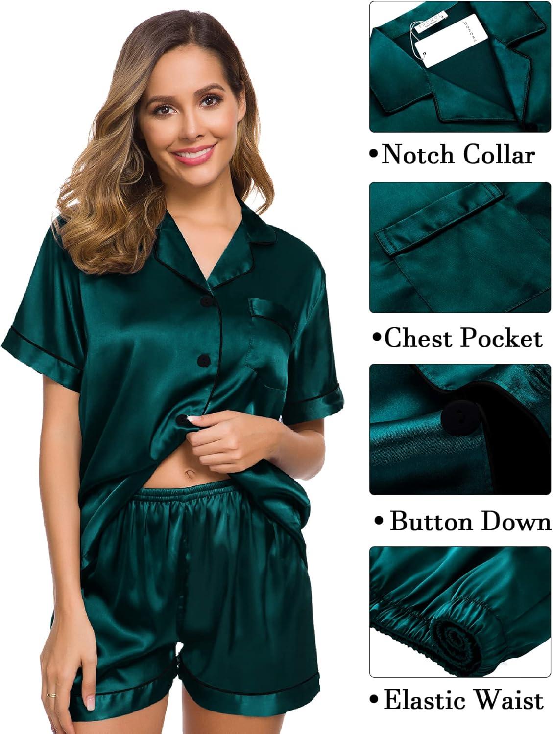 imageSWOMOG Womens Silk Satin Pajama Sets 3Pcs Button Down Pj Set Short Sleeve Sleepwear Loungewear Pjs Nightwear XSXXLDeep Green