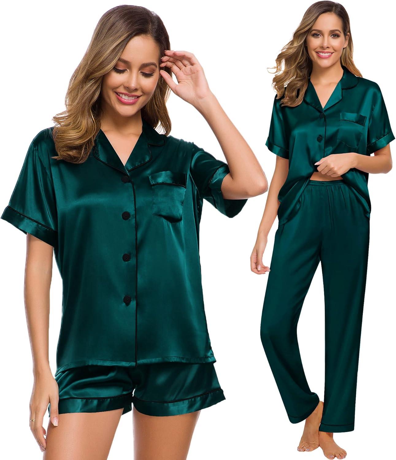 imageSWOMOG Womens Silk Satin Pajama Sets 3Pcs Button Down Pj Set Short Sleeve Sleepwear Loungewear Pjs Nightwear XSXXLDeep Green