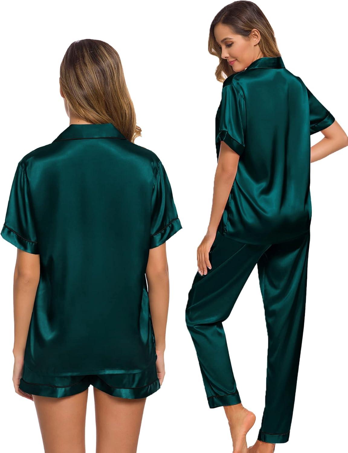 imageSWOMOG Womens Silk Satin Pajama Sets 3Pcs Button Down Pj Set Short Sleeve Sleepwear Loungewear Pjs Nightwear XSXXLDeep Green