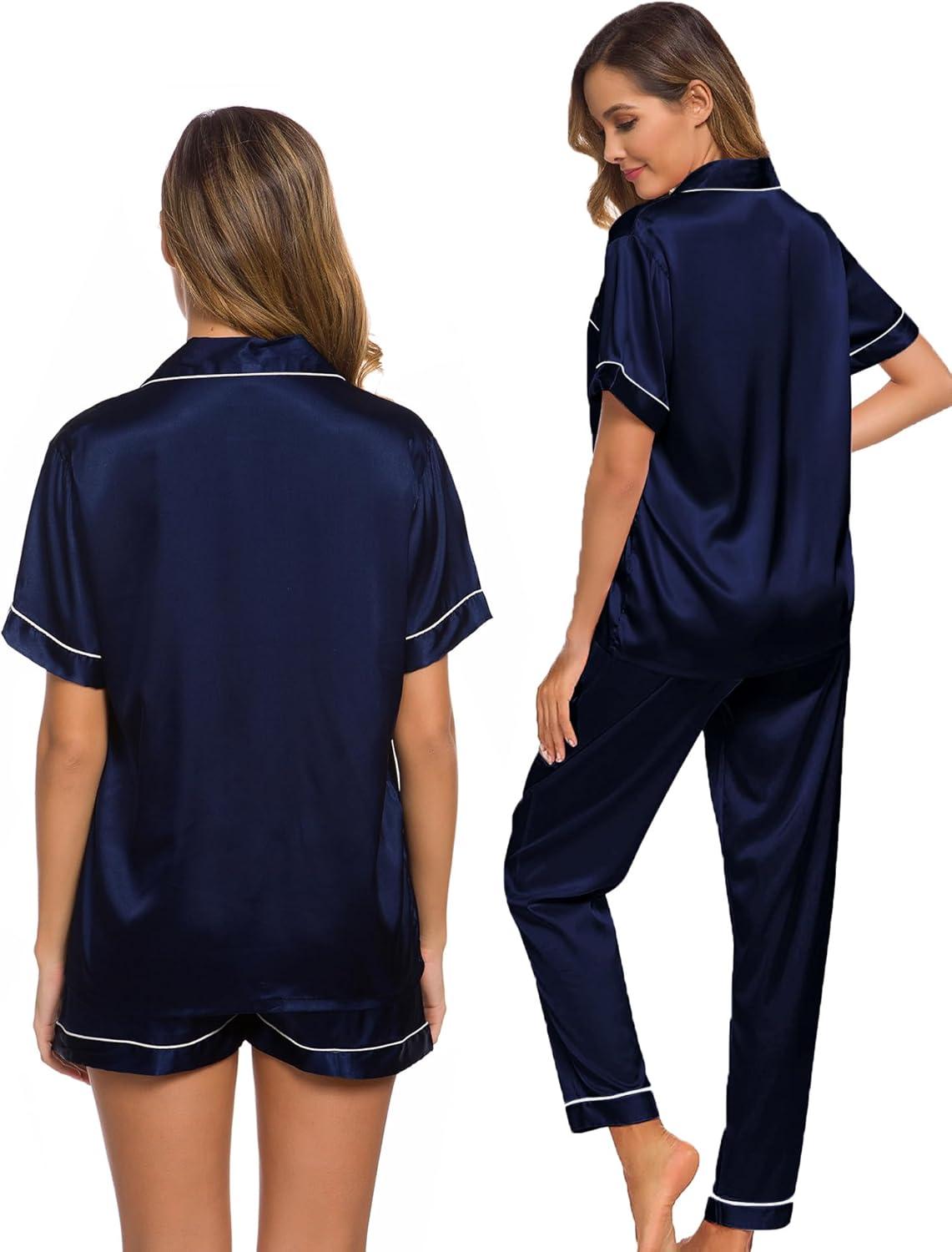 imageSWOMOG Womens Silk Satin Pajama Sets 3Pcs Button Down Pj Set Short Sleeve Sleepwear Loungewear Pjs Nightwear XSXXLDeep Navy Blue