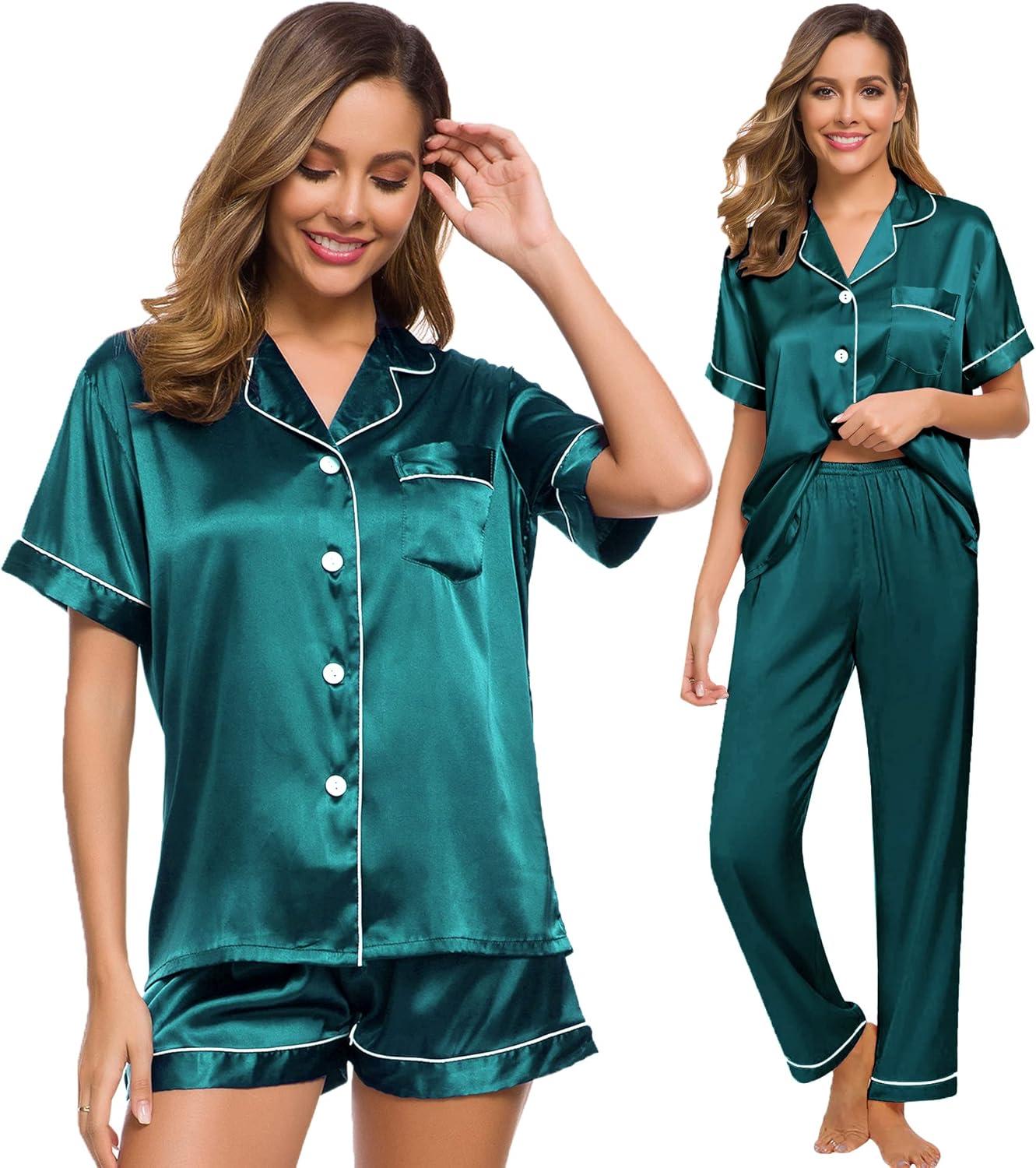 imageSWOMOG Womens Silk Satin Pajama Sets 3Pcs Button Down Pj Set Short Sleeve Sleepwear Loungewear Pjs Nightwear XSXXLGreen
