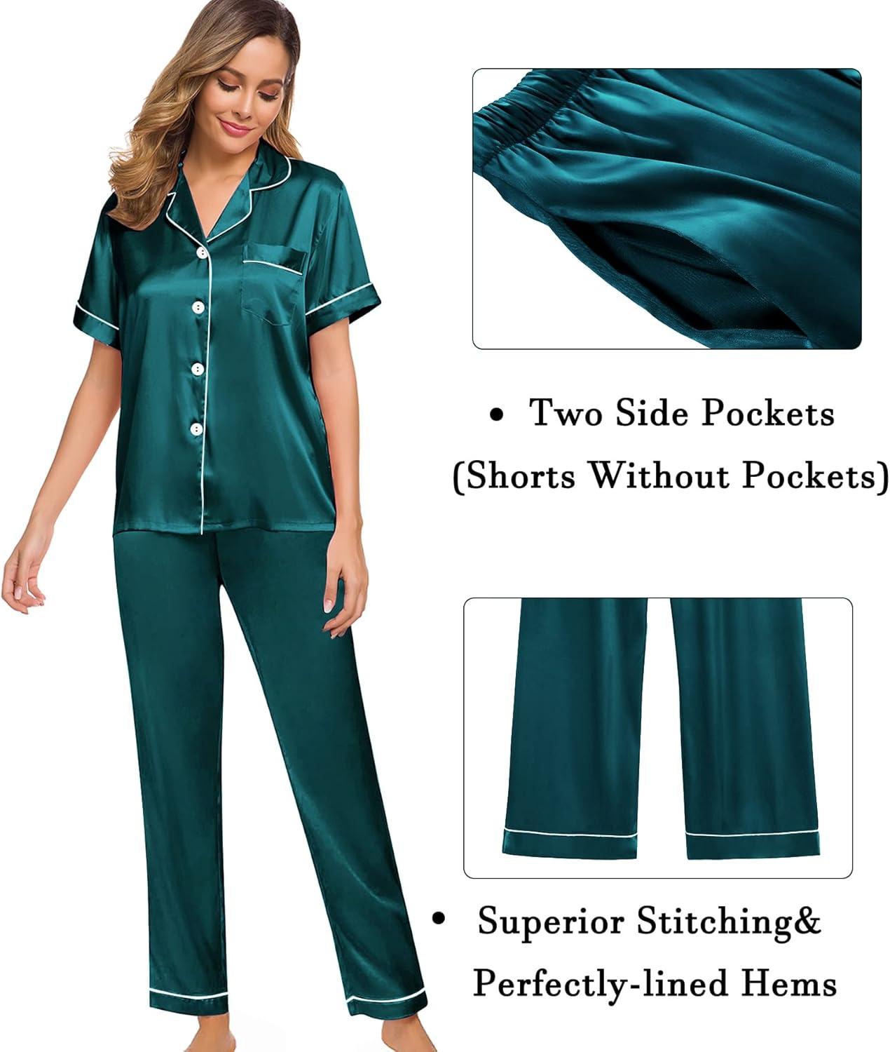 imageSWOMOG Womens Silk Satin Pajama Sets 3Pcs Button Down Pj Set Short Sleeve Sleepwear Loungewear Pjs Nightwear XSXXLGreen