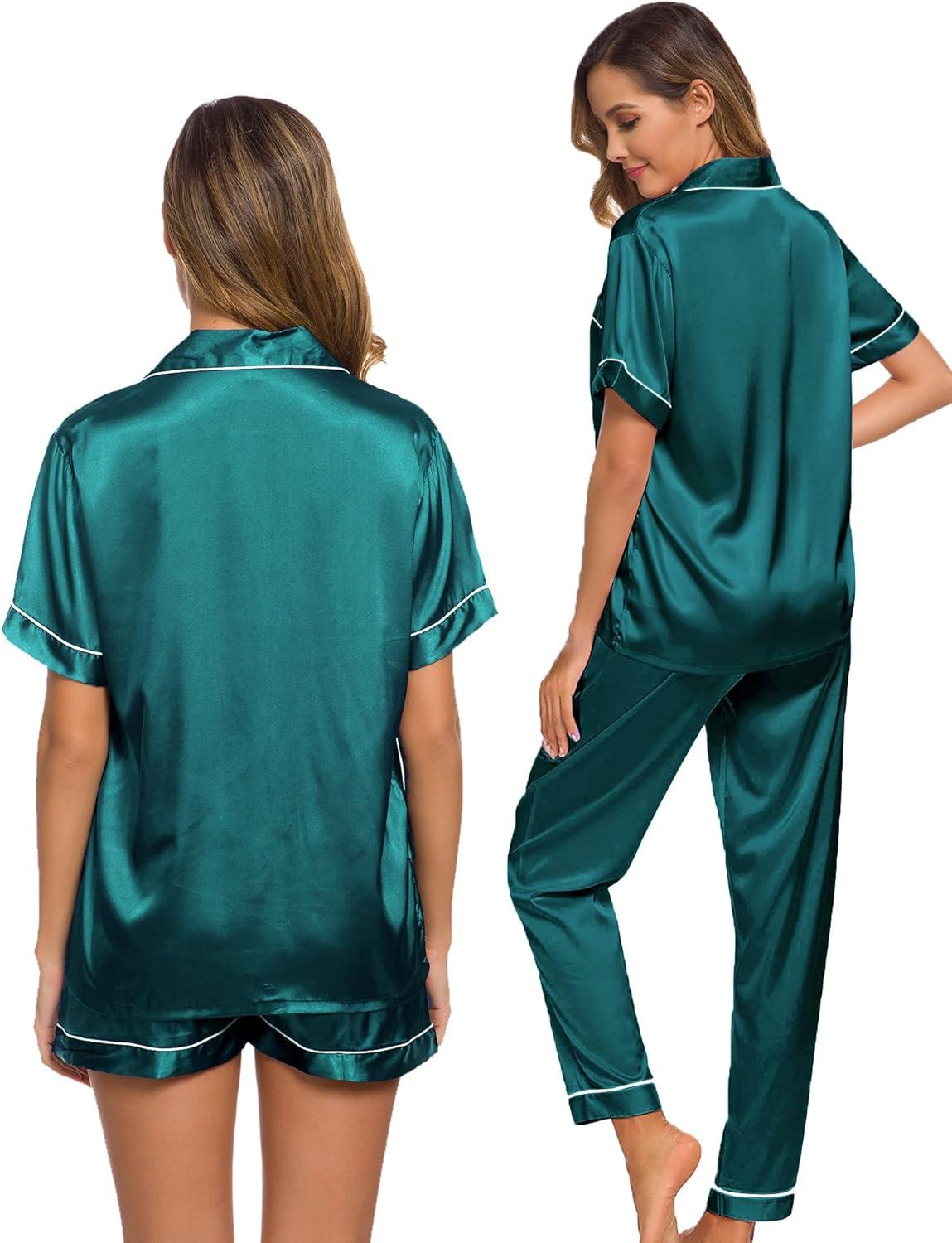 imageSWOMOG Womens Silk Satin Pajama Sets 3Pcs Button Down Pj Set Short Sleeve Sleepwear Loungewear Pjs Nightwear XSXXLGreen