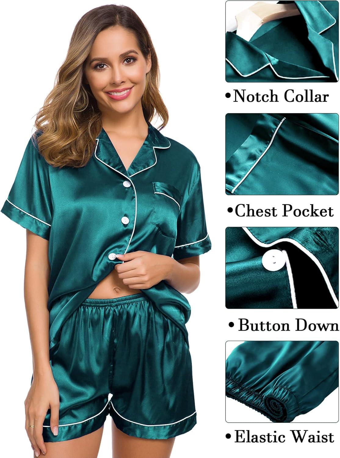 imageSWOMOG Womens Silk Satin Pajama Sets 3Pcs Button Down Pj Set Short Sleeve Sleepwear Loungewear Pjs Nightwear XSXXLGreen