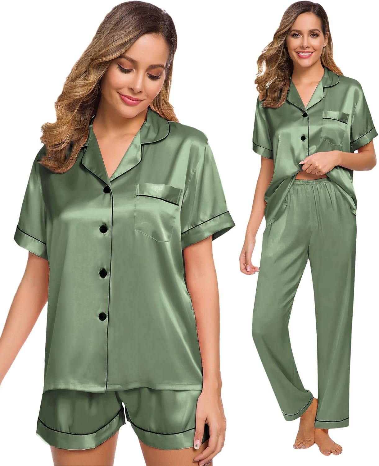 imageSWOMOG Womens Silk Satin Pajama Sets 3Pcs Button Down Pj Set Short Sleeve Sleepwear Loungewear Pjs Nightwear XSXXLMatcha