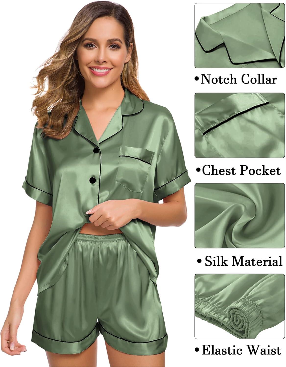 imageSWOMOG Womens Silk Satin Pajama Sets 3Pcs Button Down Pj Set Short Sleeve Sleepwear Loungewear Pjs Nightwear XSXXLMatcha