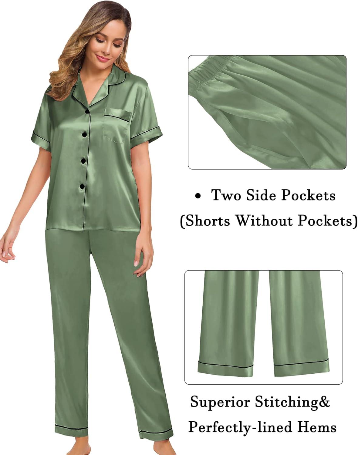 imageSWOMOG Womens Silk Satin Pajama Sets 3Pcs Button Down Pj Set Short Sleeve Sleepwear Loungewear Pjs Nightwear XSXXLMatcha