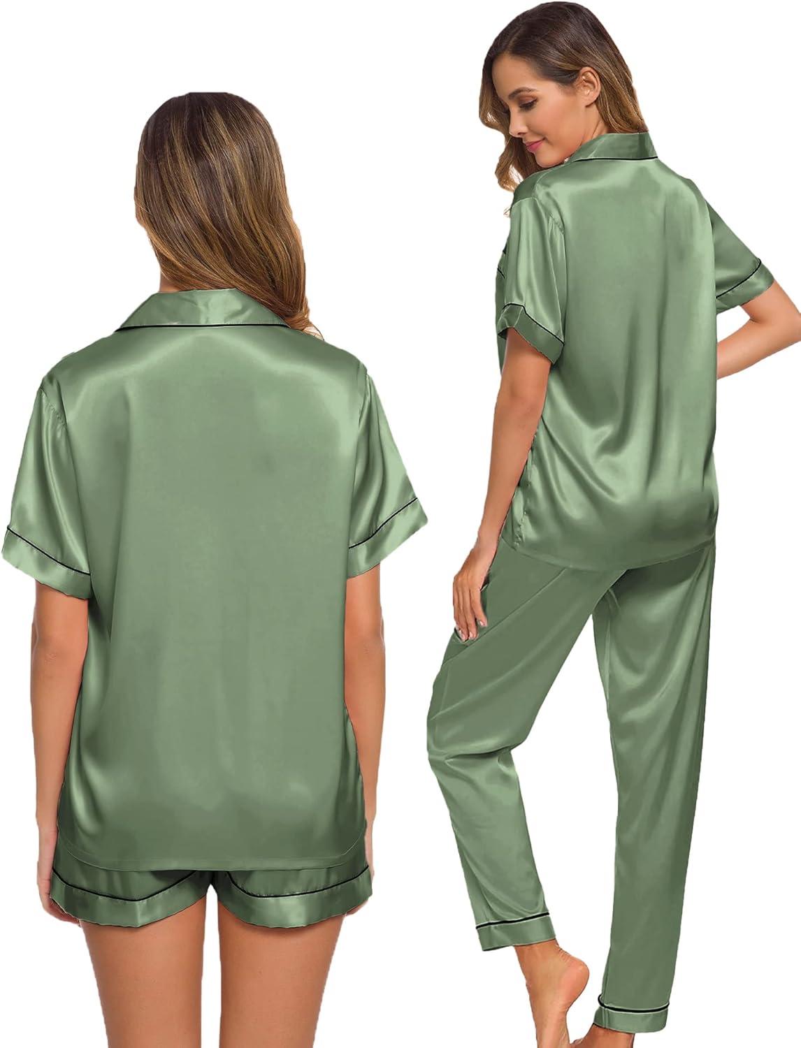 imageSWOMOG Womens Silk Satin Pajama Sets 3Pcs Button Down Pj Set Short Sleeve Sleepwear Loungewear Pjs Nightwear XSXXLMatcha