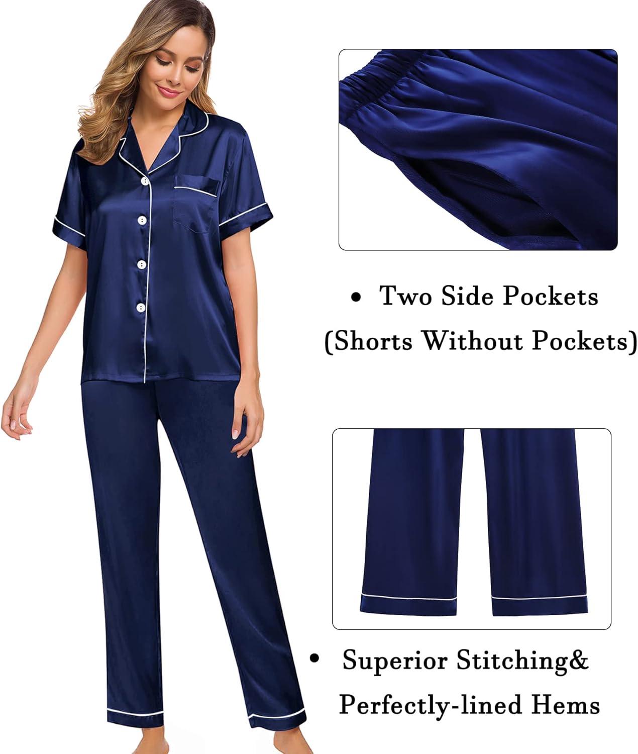 imageSWOMOG Womens Silk Satin Pajama Sets 3Pcs Button Down Pj Set Short Sleeve Sleepwear Loungewear Pjs Nightwear XSXXLNavy Blue