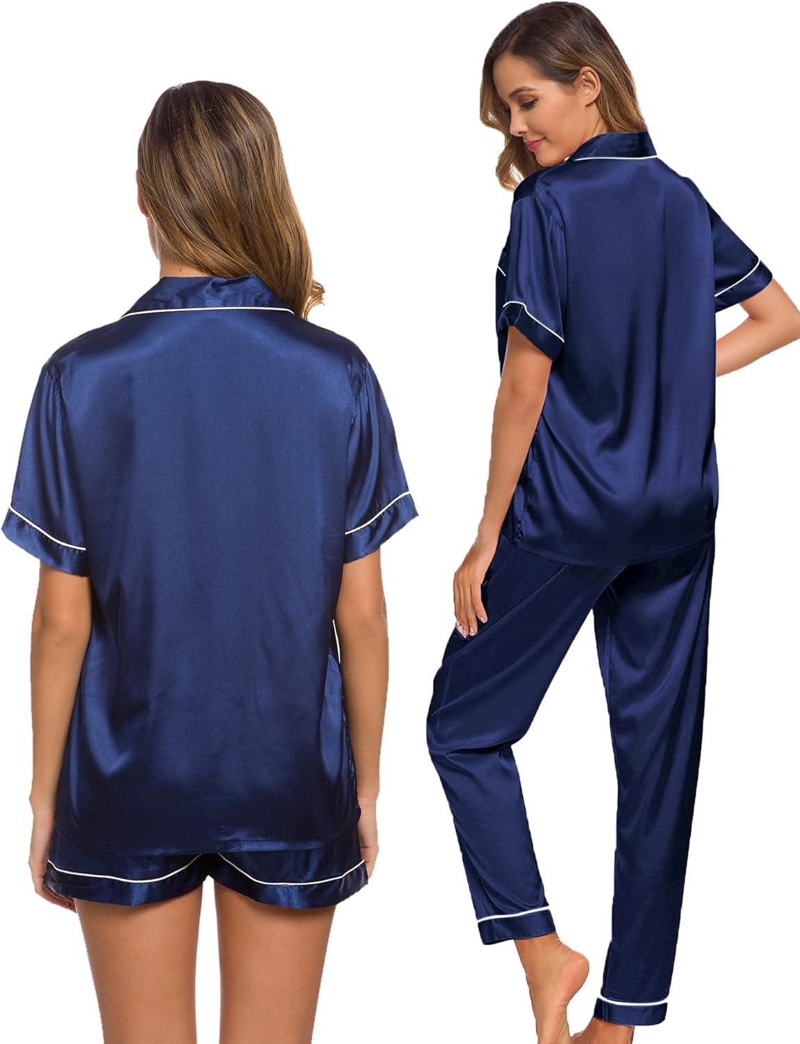 imageSWOMOG Womens Silk Satin Pajama Sets 3Pcs Button Down Pj Set Short Sleeve Sleepwear Loungewear Pjs Nightwear XSXXLNavy Blue