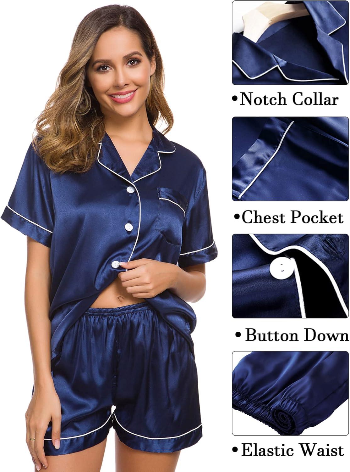 imageSWOMOG Womens Silk Satin Pajama Sets 3Pcs Button Down Pj Set Short Sleeve Sleepwear Loungewear Pjs Nightwear XSXXLNavy Blue