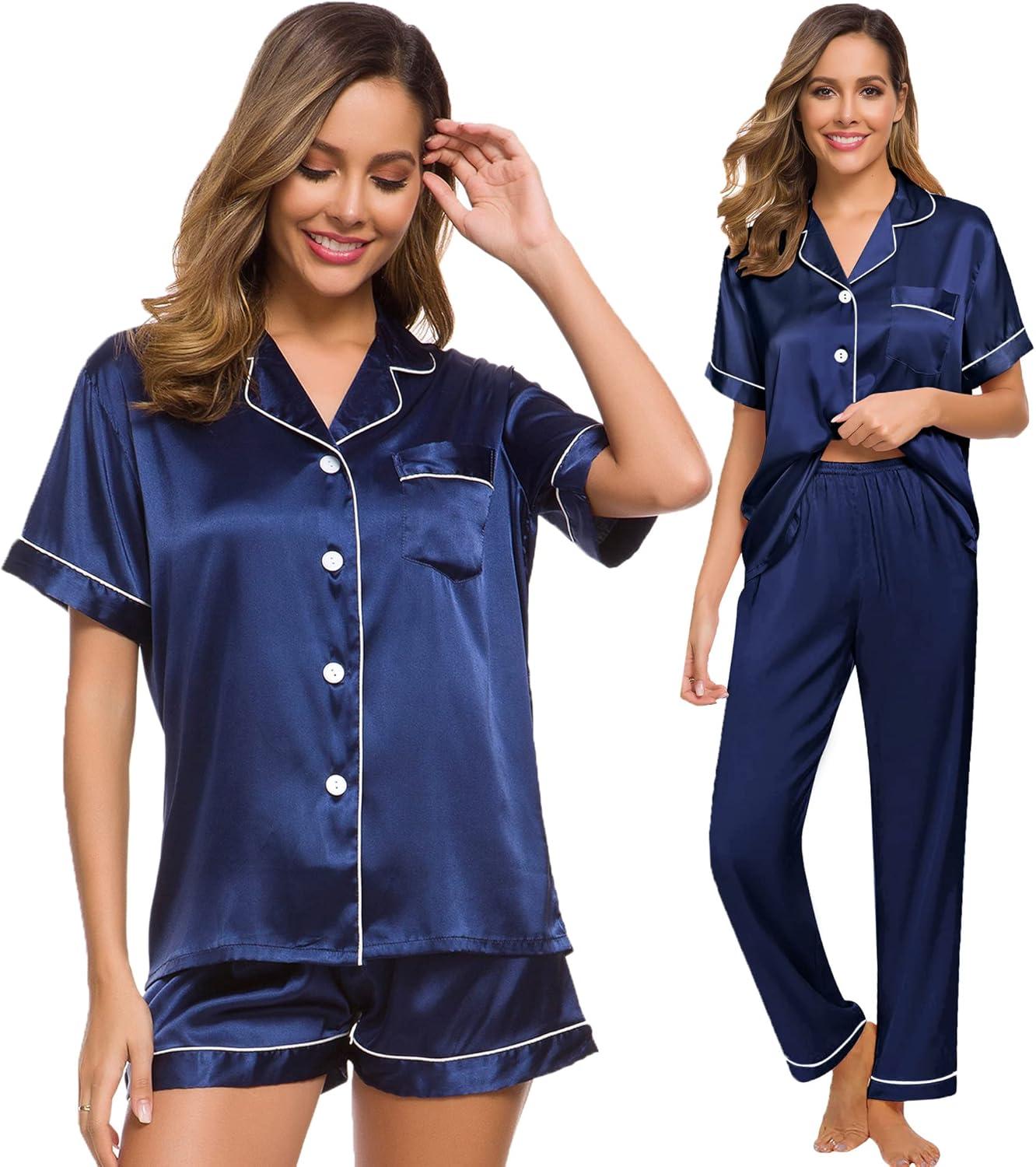 imageSWOMOG Womens Silk Satin Pajama Sets 3Pcs Button Down Pj Set Short Sleeve Sleepwear Loungewear Pjs Nightwear XSXXLNavy Blue