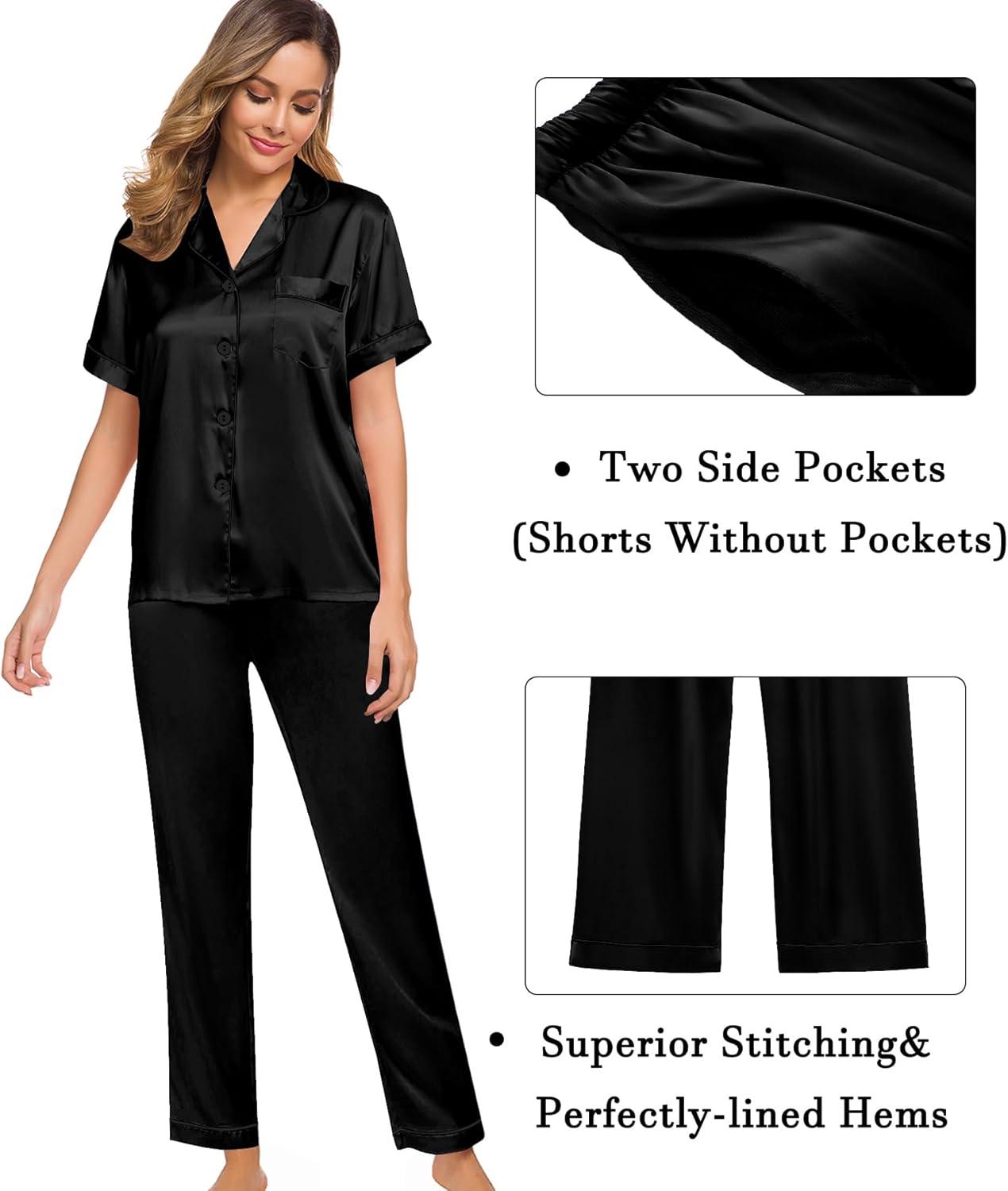 imageSWOMOG Womens Silk Satin Pajama Sets 3Pcs Button Down Pj Set Short Sleeve Sleepwear Loungewear Pjs Nightwear XSXXLObsidian