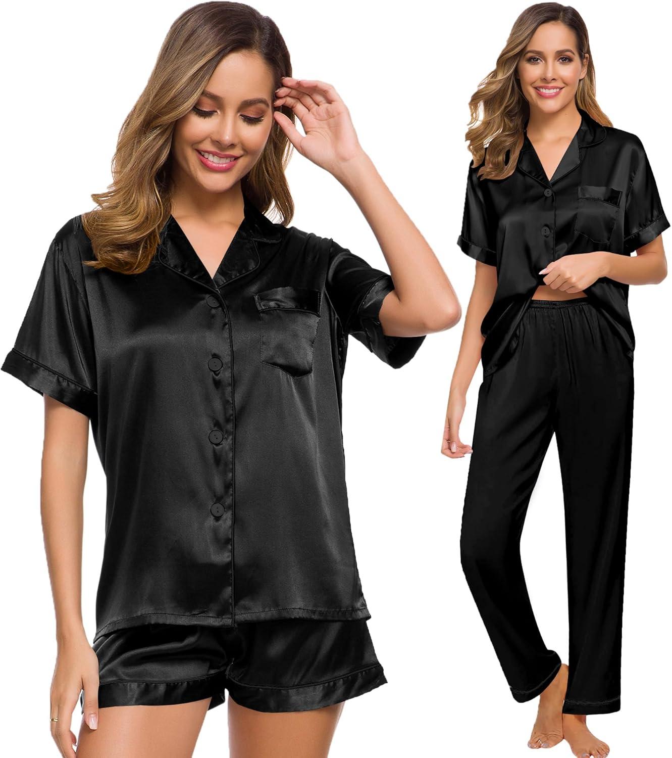 imageSWOMOG Womens Silk Satin Pajama Sets 3Pcs Button Down Pj Set Short Sleeve Sleepwear Loungewear Pjs Nightwear XSXXLObsidian