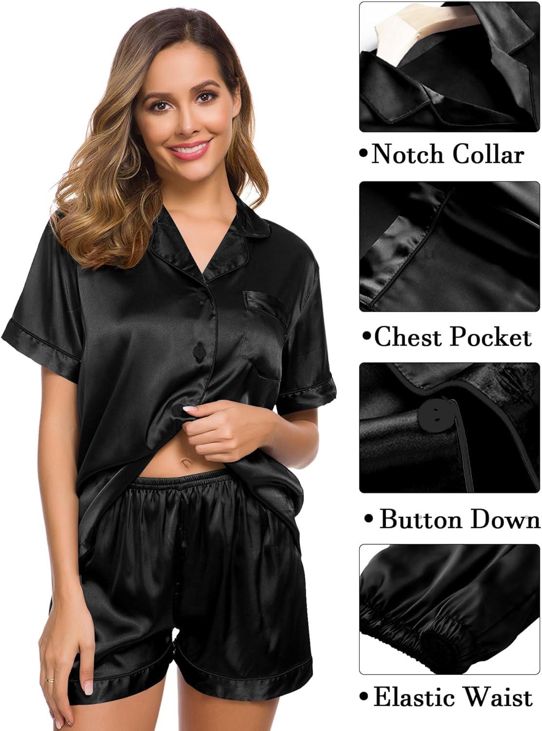 imageSWOMOG Womens Silk Satin Pajama Sets 3Pcs Button Down Pj Set Short Sleeve Sleepwear Loungewear Pjs Nightwear XSXXLObsidian