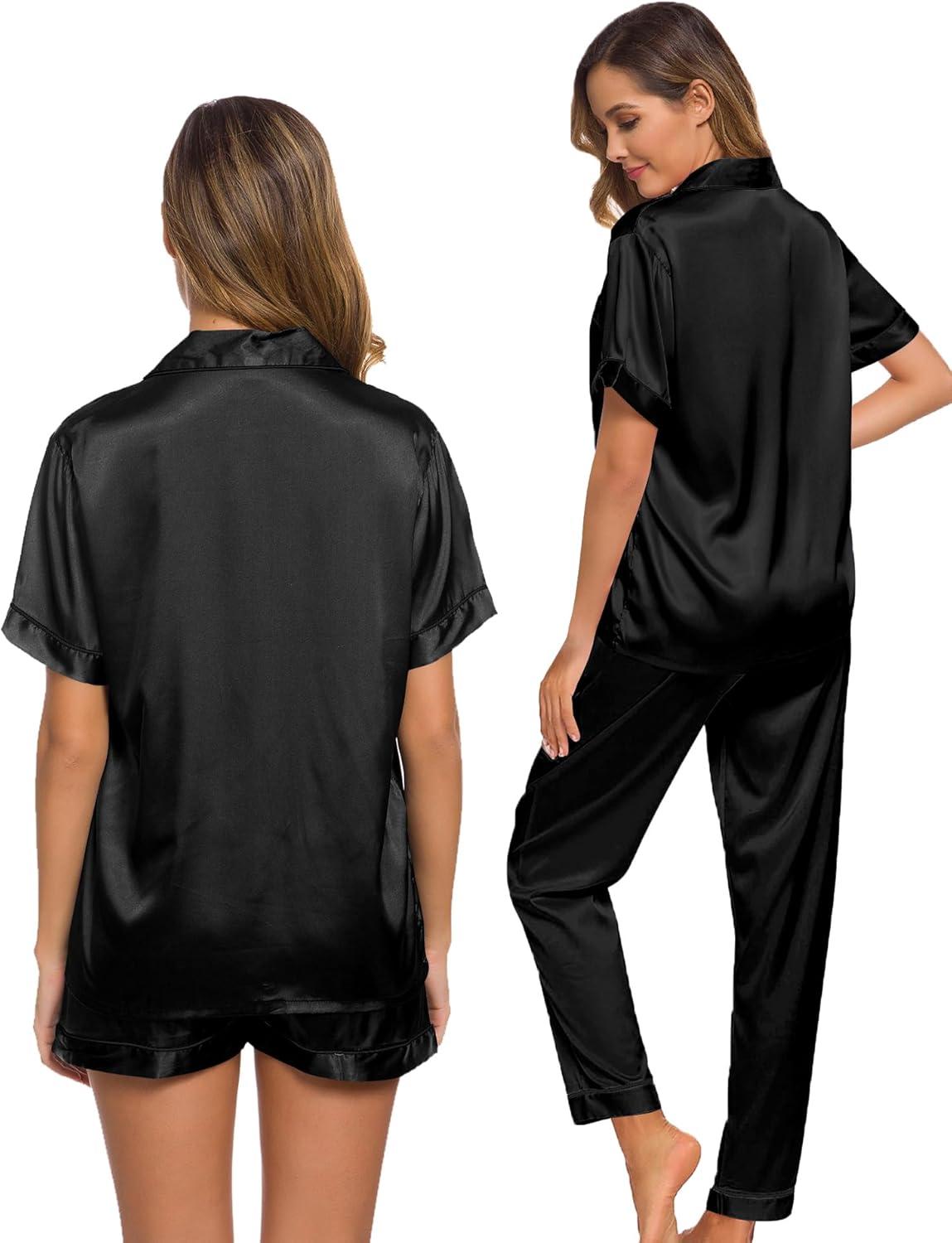 imageSWOMOG Womens Silk Satin Pajama Sets 3Pcs Button Down Pj Set Short Sleeve Sleepwear Loungewear Pjs Nightwear XSXXLObsidian