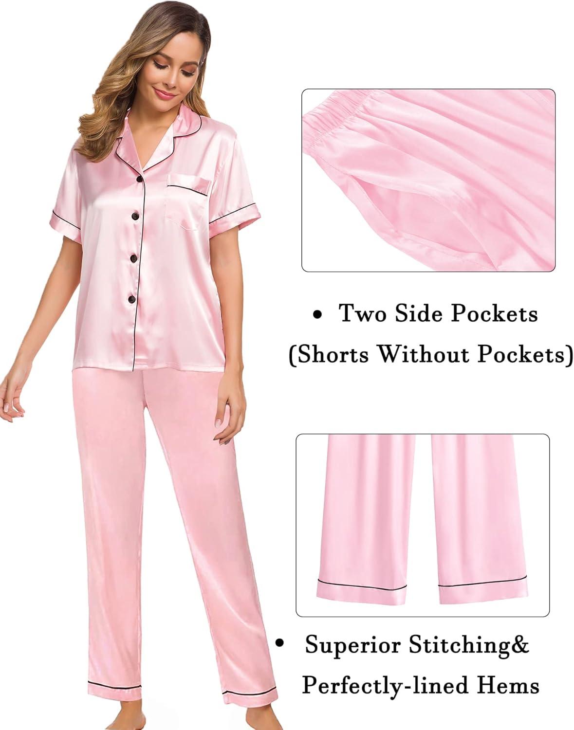 imageSWOMOG Womens Silk Satin Pajama Sets 3Pcs Button Down Pj Set Short Sleeve Sleepwear Loungewear Pjs Nightwear XSXXLPink