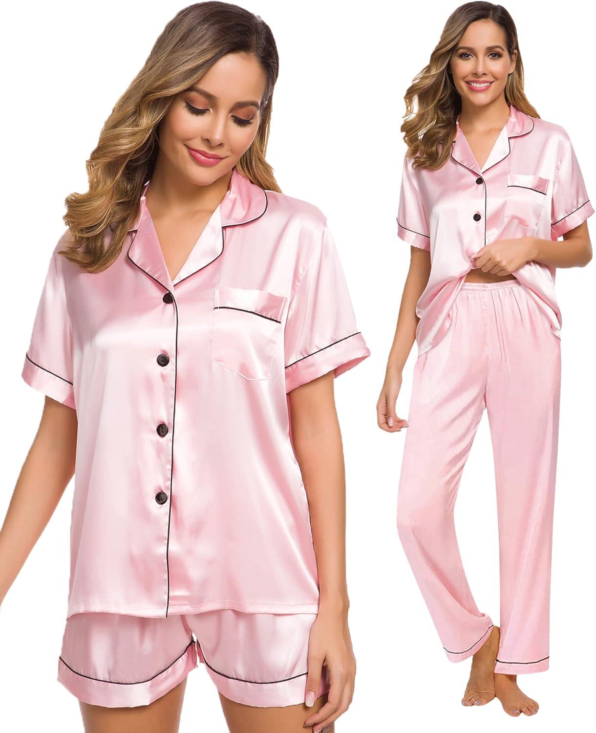 imageSWOMOG Womens Silk Satin Pajama Sets 3Pcs Button Down Pj Set Short Sleeve Sleepwear Loungewear Pjs Nightwear XSXXLPink